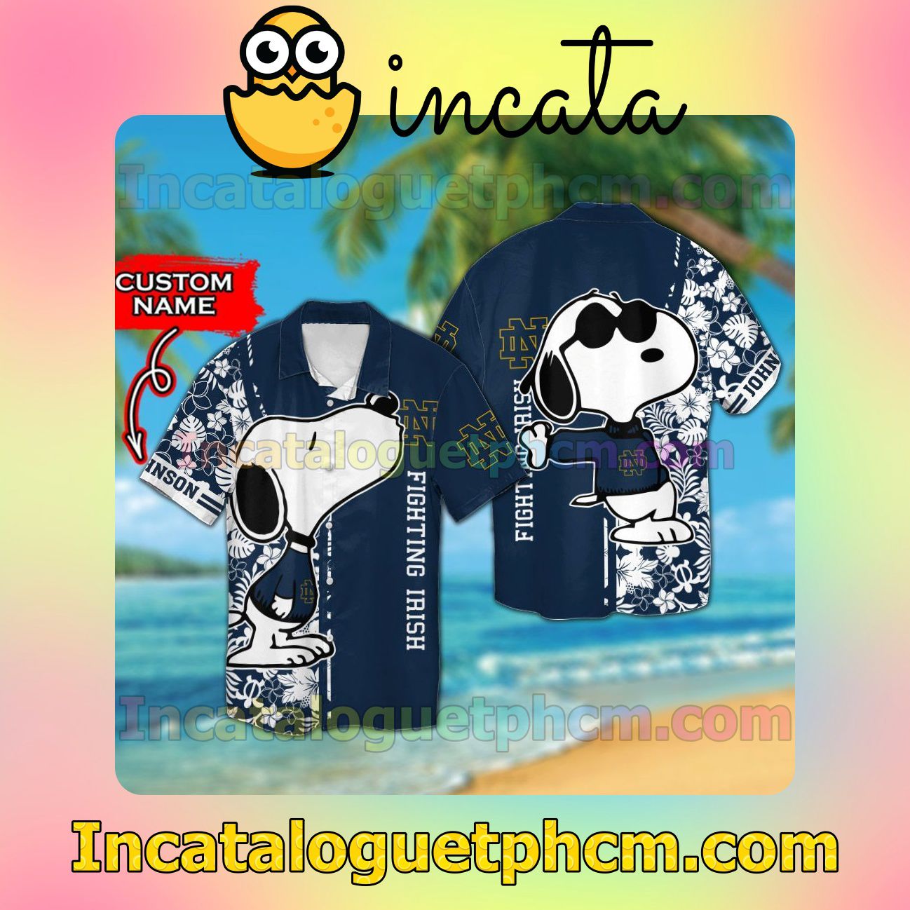 Personalized Notre Dame Fighting Irish & Snoopy Beach Vacation Shirt, Swim Shorts