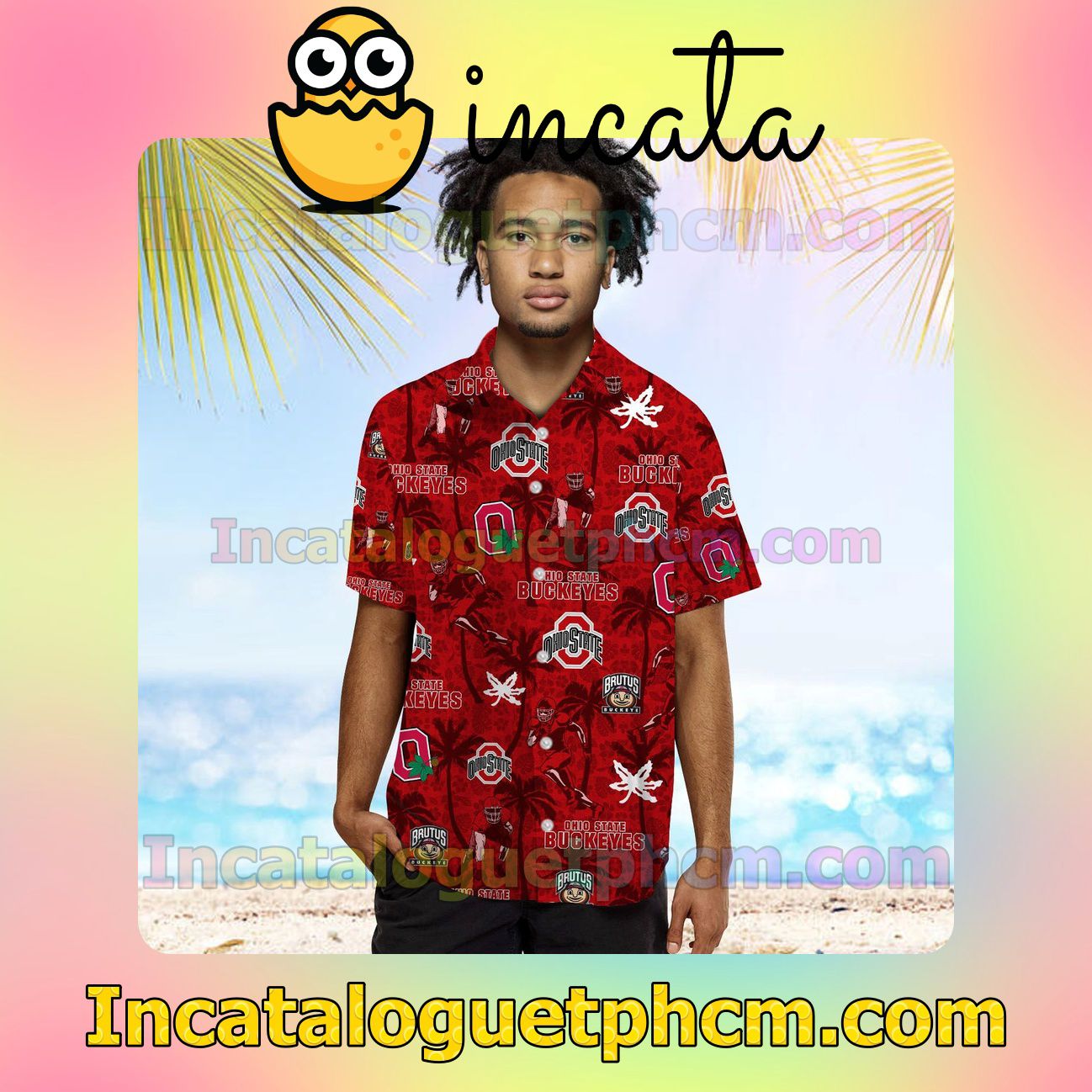Personalized Ohio State Buckeyes Coconut Beach Vacation Shirt, Swim Shorts