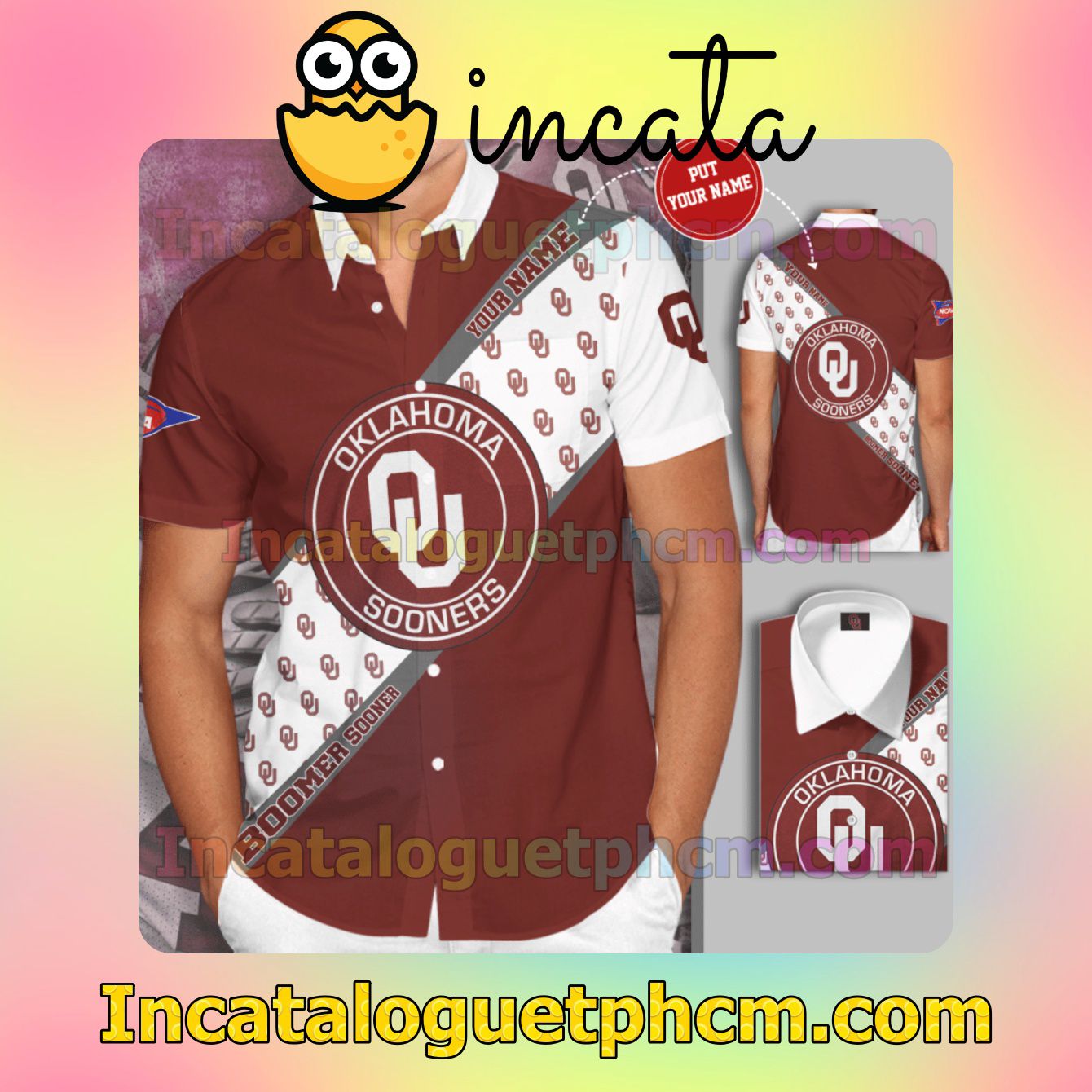 Personalized Oklahoma Sooners Big Logo Bomber Sooners White Garnet Button Shirt And Swim Trunk