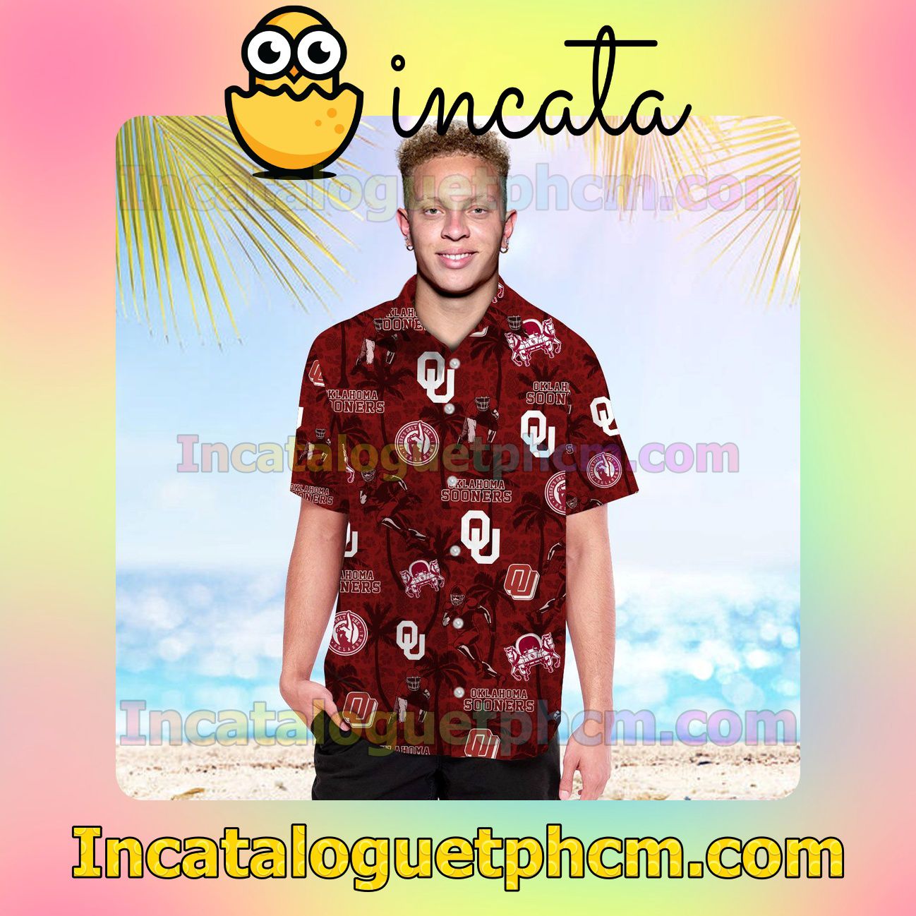 Personalized Oklahoma Sooners Coconut Beach Vacation Shirt, Swim Shorts