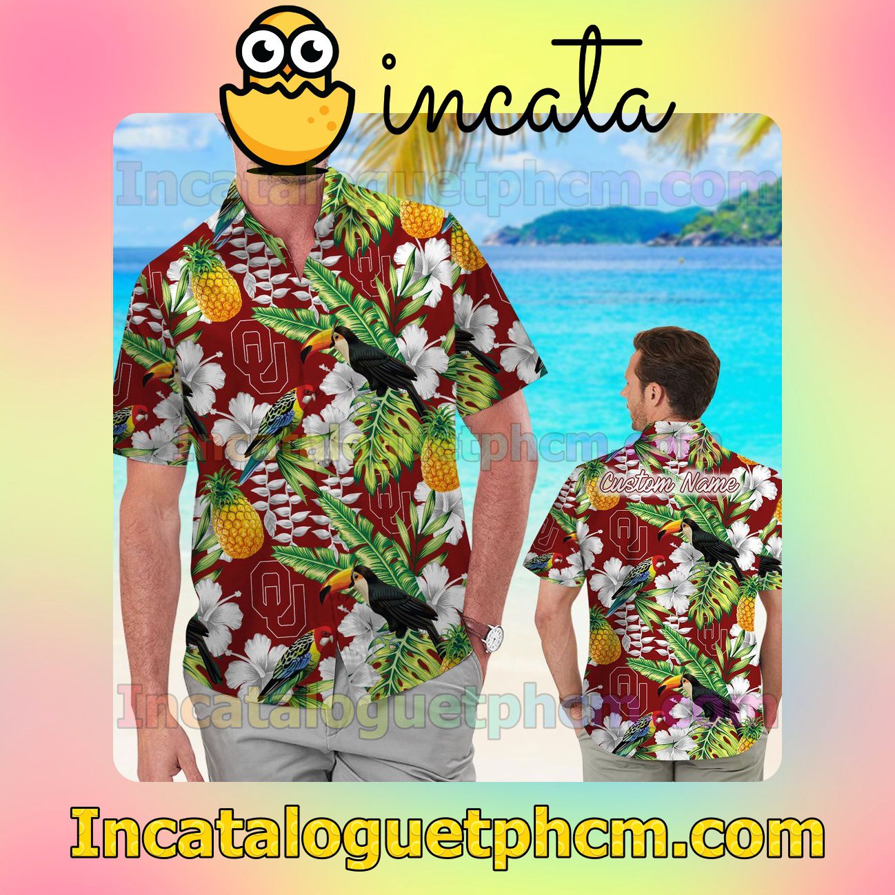 Personalized Oklahoma Sooners Parrot Floral Tropical Beach Vacation Shirt, Swim Shorts