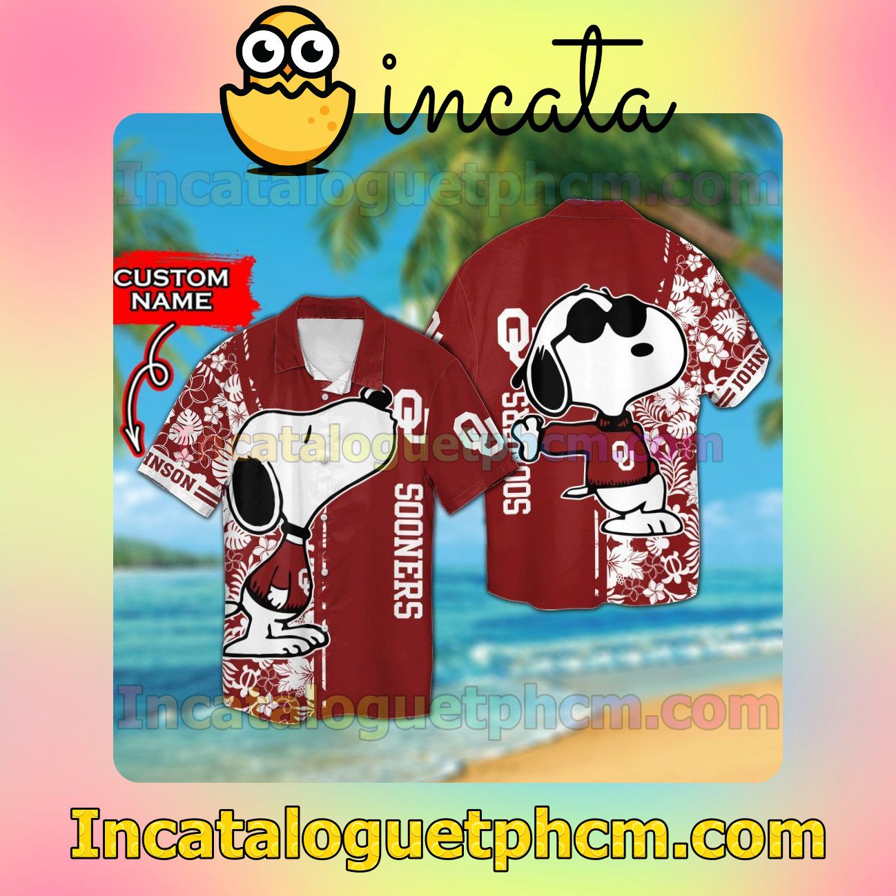 Personalized Oklahoma Sooners & Snoopy Beach Vacation Shirt, Swim Shorts