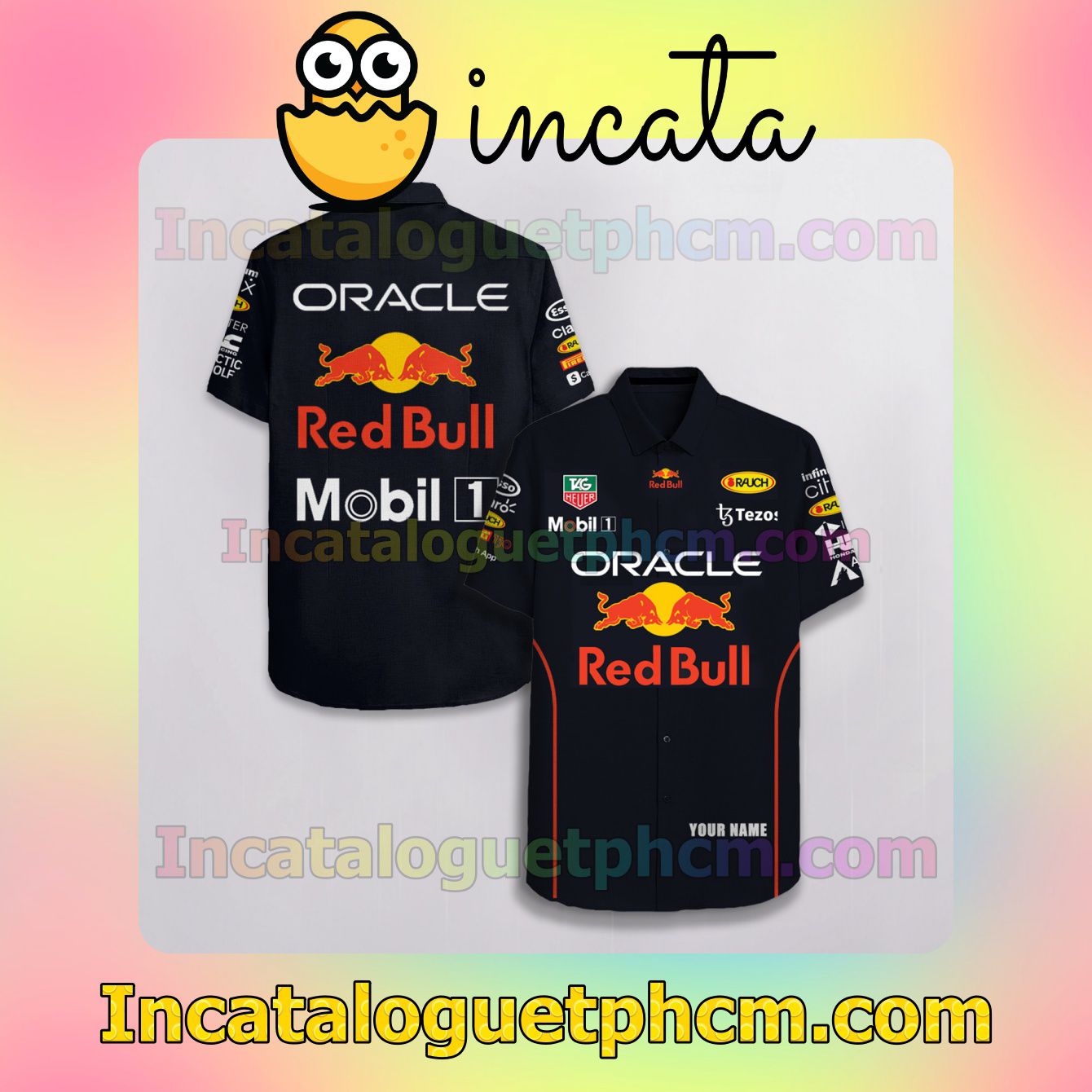 Personalized Oracle Red Bull F1 Racing Mobil 1 Tag Heuer Black Button Shirt And Swim Trunk