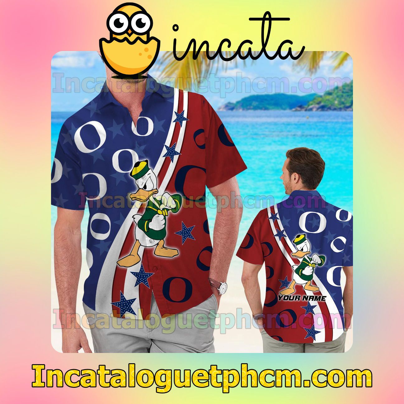 Personalized Oregon Ducks American Flag Beach Vacation Shirt, Swim Shorts