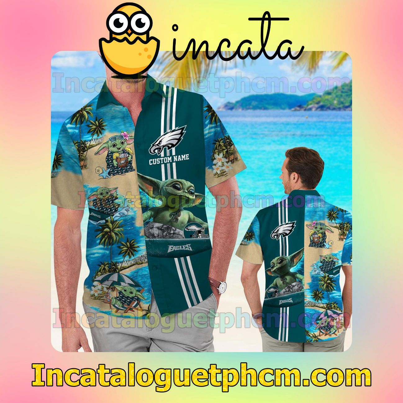 Personalized Philadelphia Eagles Baby Yoda Beach Vacation Shirt, Swim Shorts