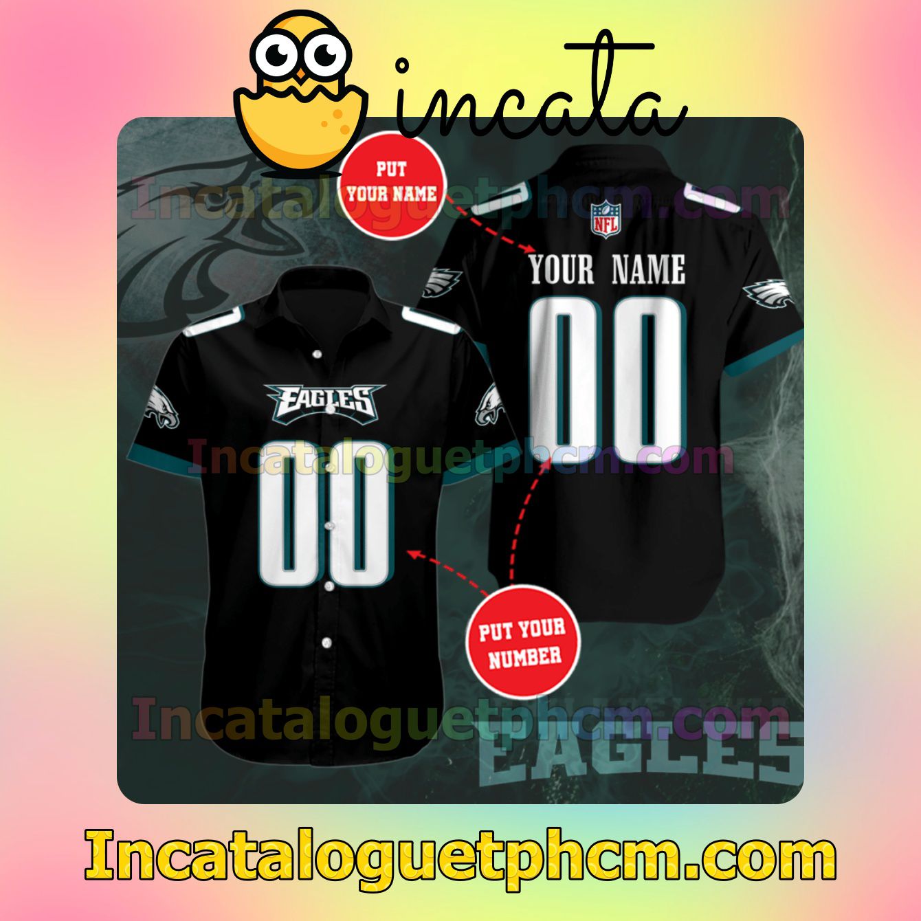 Personalized Philadelphia Eagles Black Button Shirt And Swim Trunk