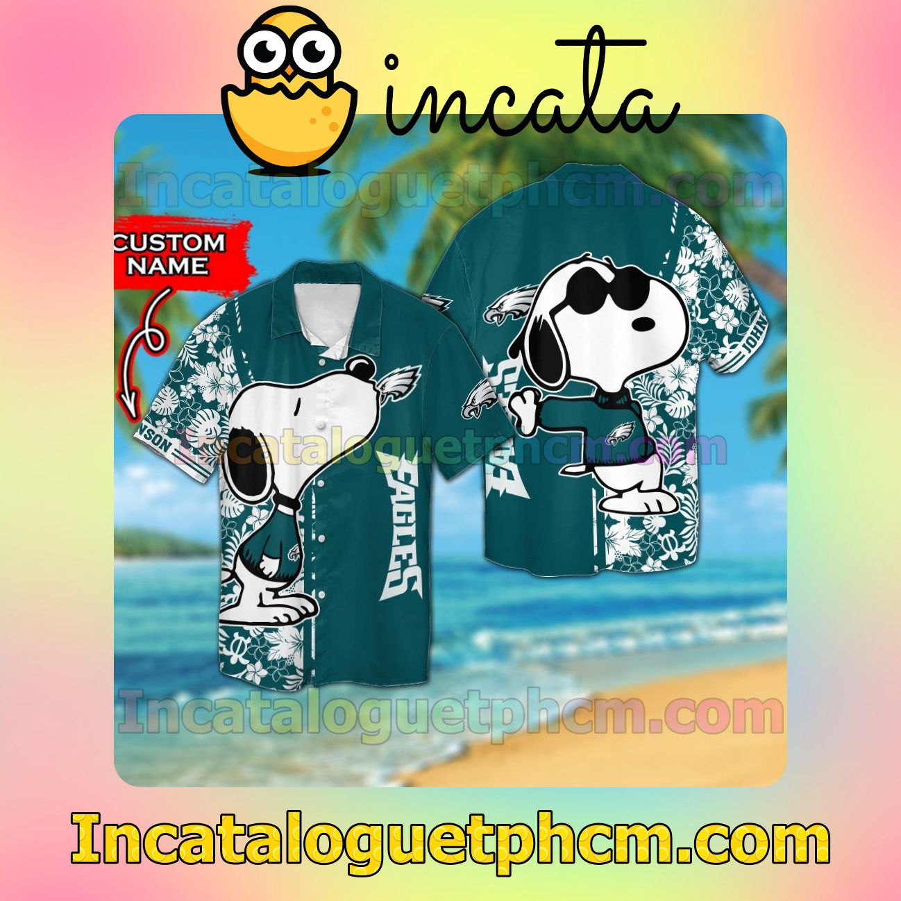 Personalized Philadelphia Eagles & Snoopy Beach Vacation Shirt, Swim Shorts