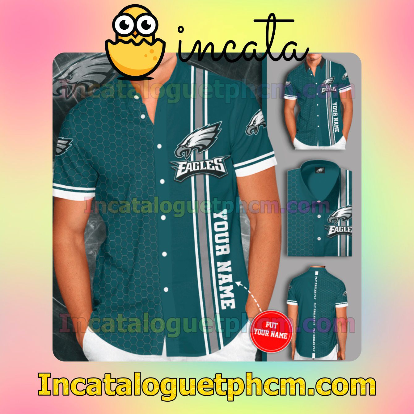 Personalized Philadelphia Eagles Tiling Teal Button Shirt And Swim Trunk