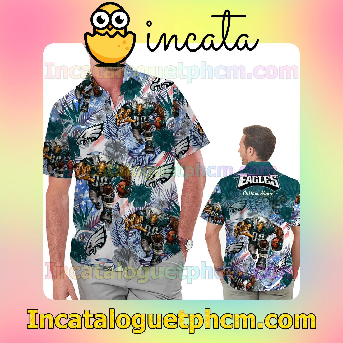 Personalized Philadelphia Eagles Tropical Floral America Flag Aloha Beach Vacation Shirt, Swim Shorts