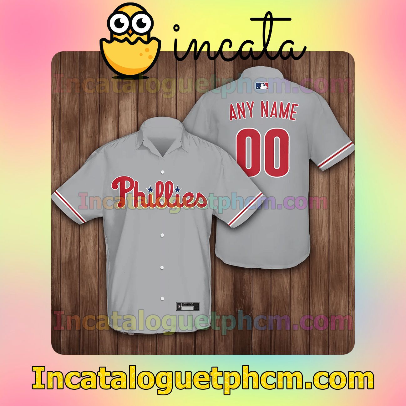 Personalized Philadelphia Phillies Baseball Gray Button Shirt And Swim Trunk