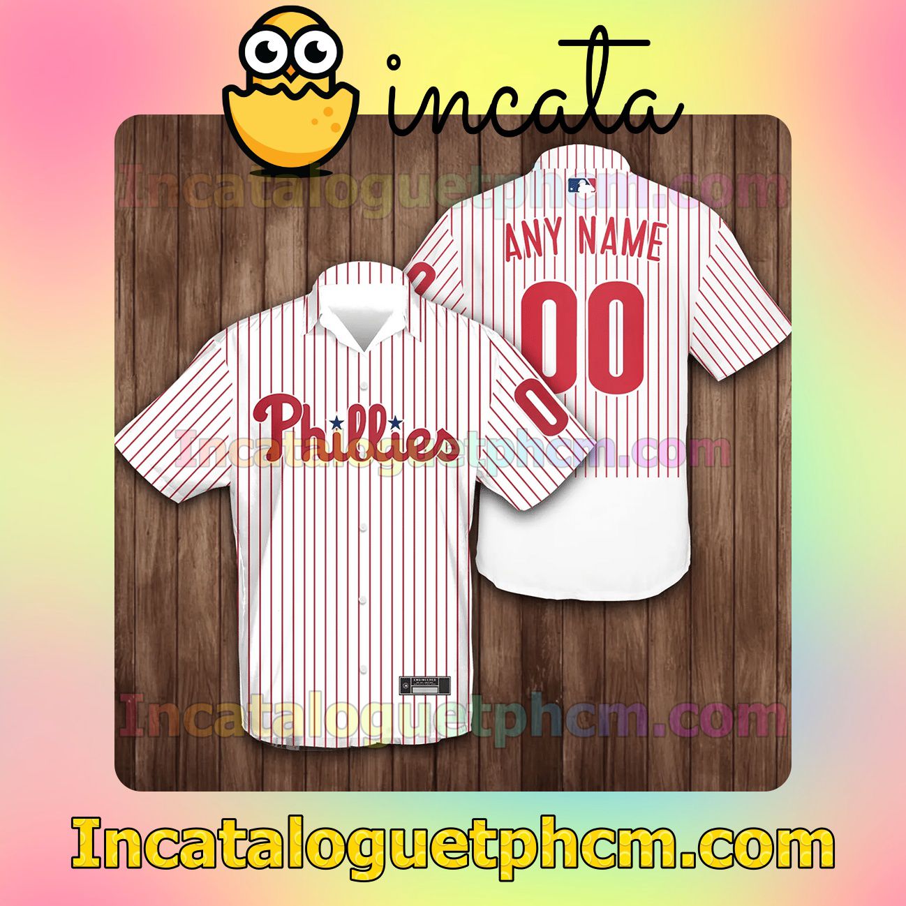 Personalized Philadelphia Phillies Baseball Pinstripe White Red Button Shirt And Swim Trunk