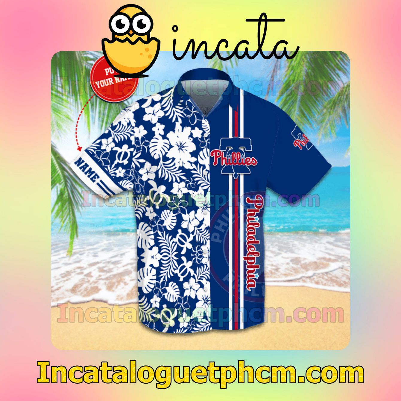 Personalized Philadelphia Phillies Flowery Neon Blue Button Shirt And Swim Trunk