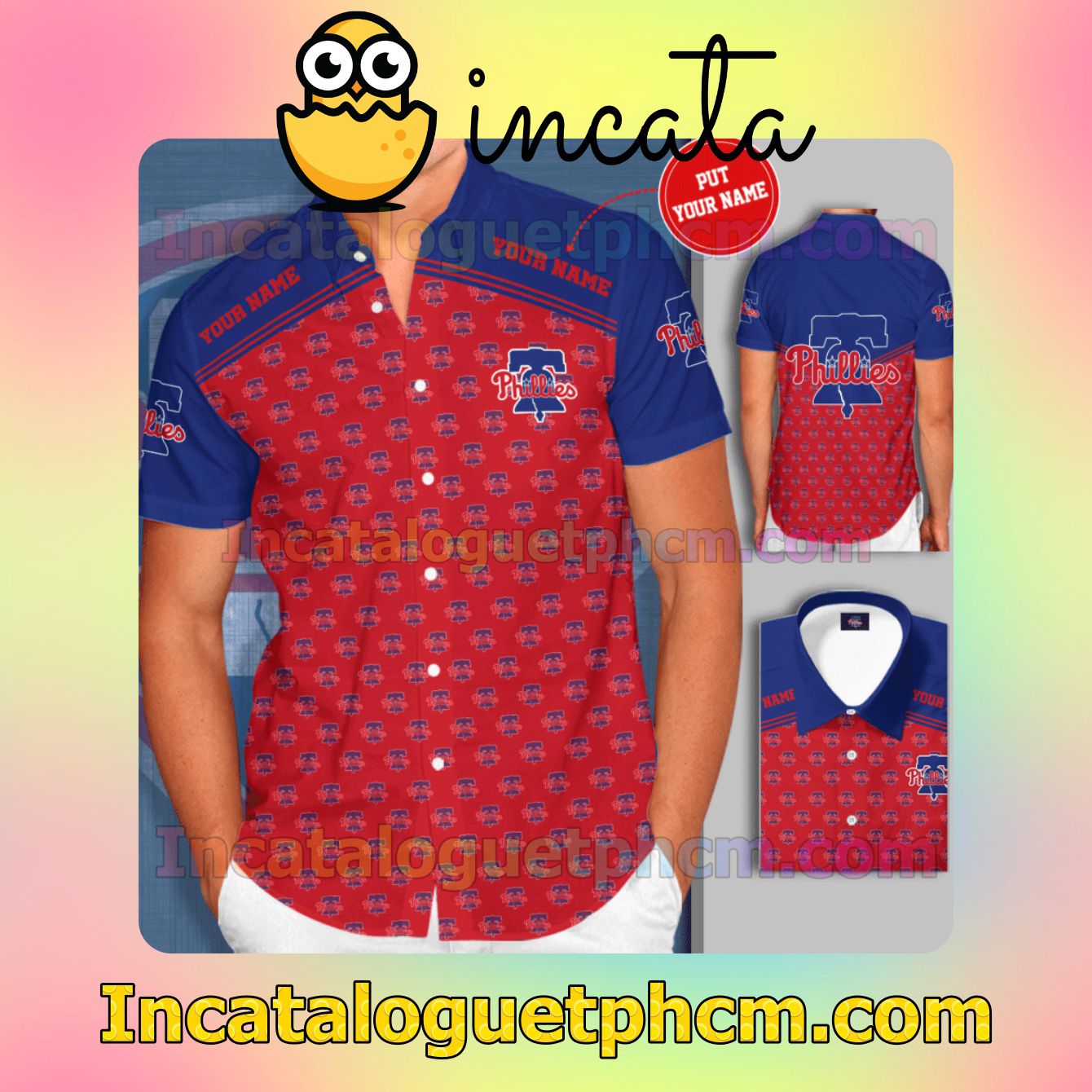 Personalized Philadelphia Phillies Logo Red Blue Button Shirt And Swim Trunk