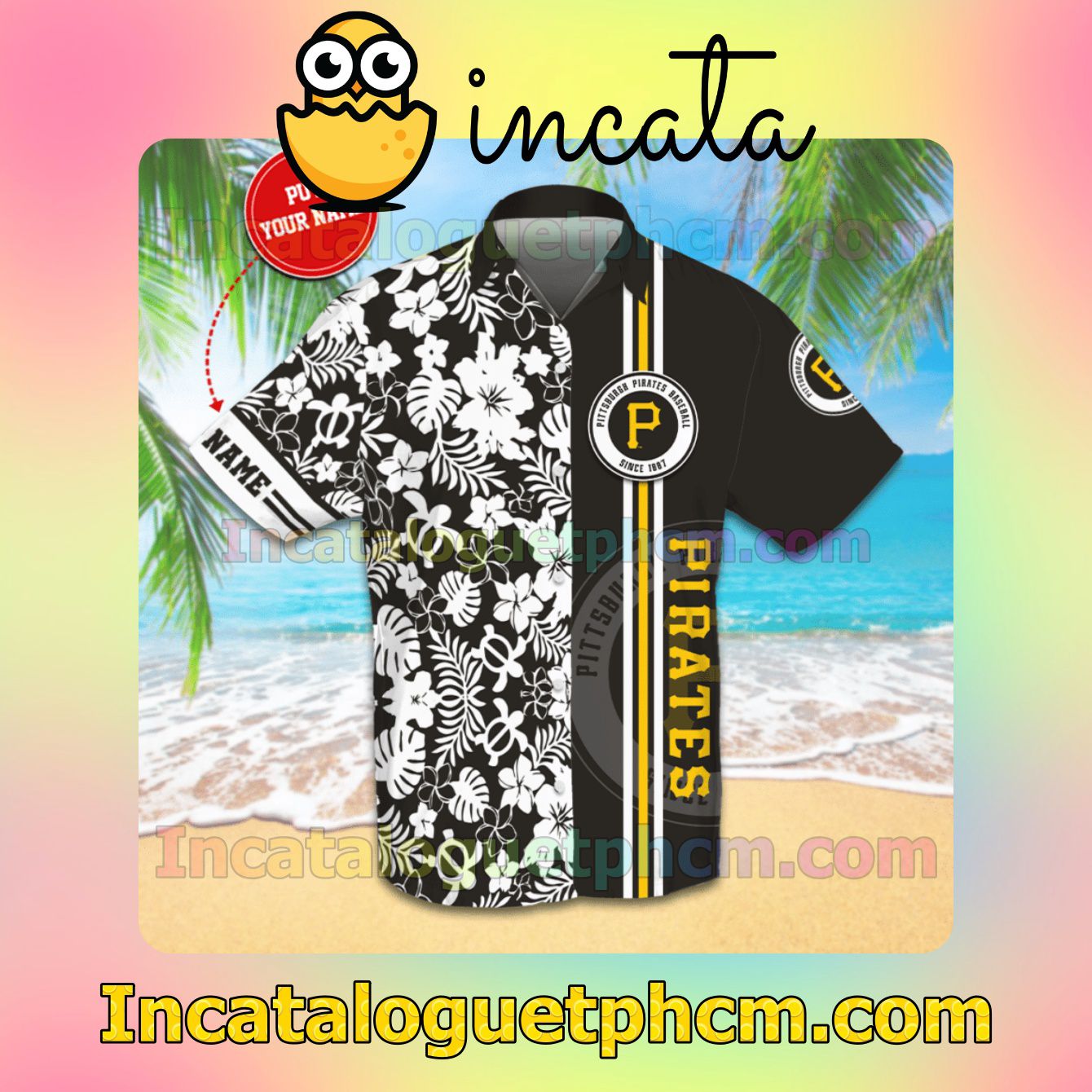 Personalized Pittsburgh Pirates Flowery Black Button Shirt And Swim Trunk