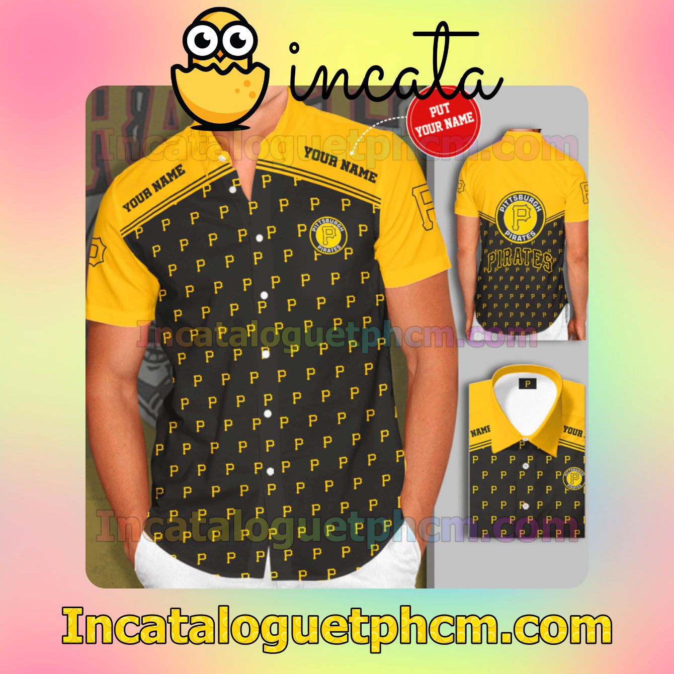 Personalized Pittsburgh Pirates Gray Yellow Button Shirt And Swim Trunk