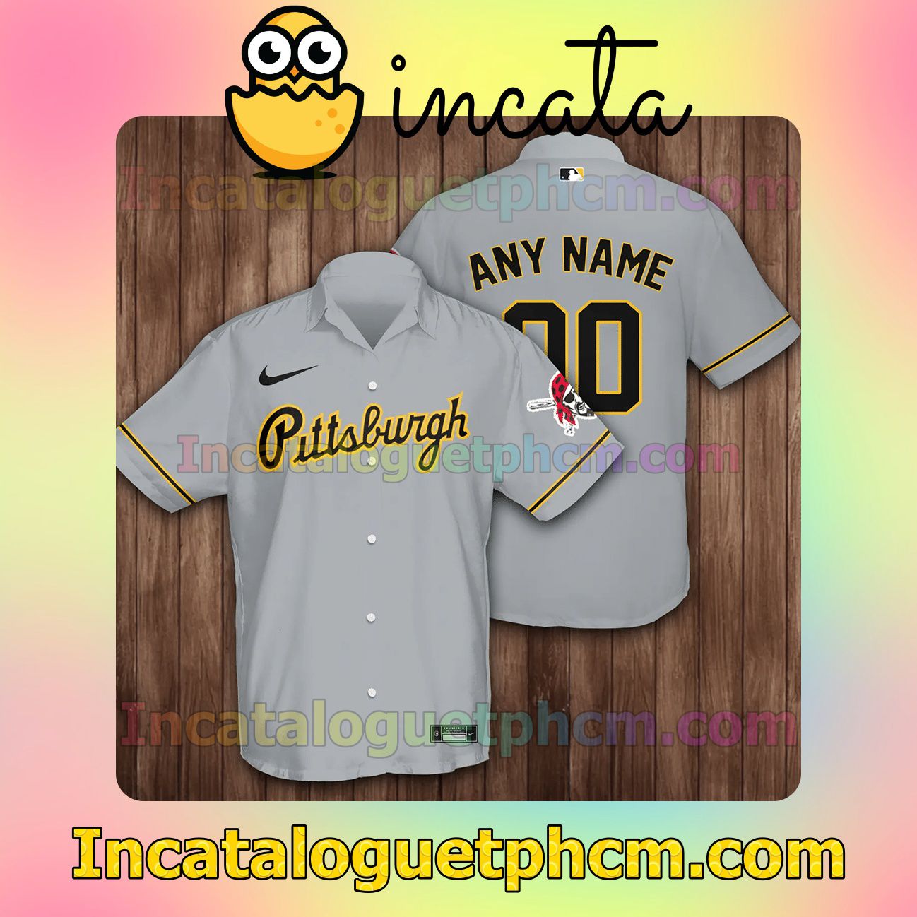 Personalized Pittsburgh Pirates Grey Button Shirt And Swim Trunk