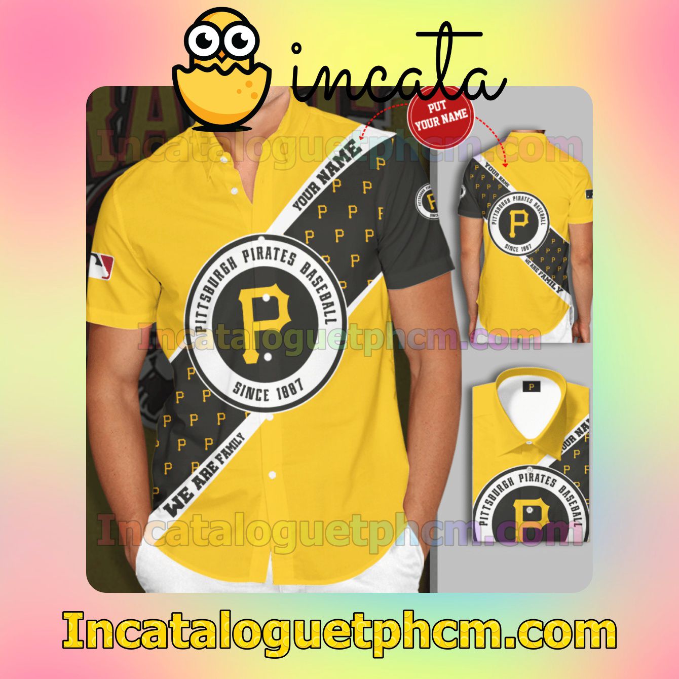 Personalized Pittsburgh Pirates Since 1887 Yellow Gray Button Shirt And Swim Trunk