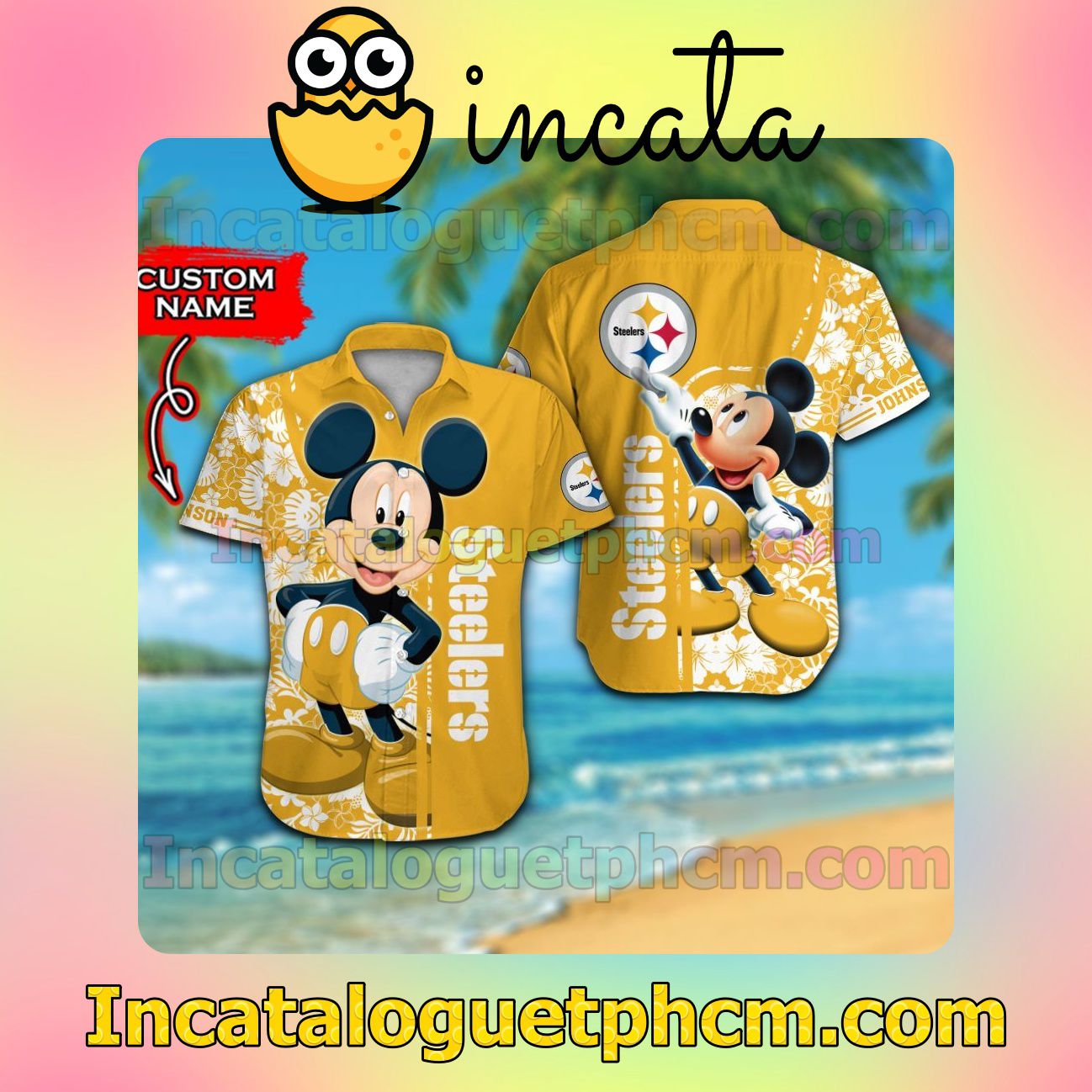 Personalized Pittsburgh Steelers & Mickey Mouse Beach Vacation Shirt, Swim Shorts