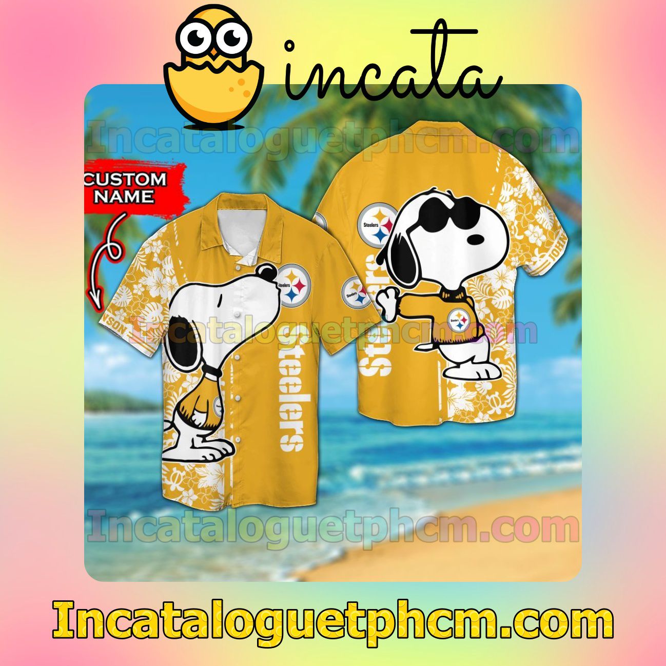 Personalized Pittsburgh Steelers & Snoopy Beach Vacation Shirt, Swim Shorts
