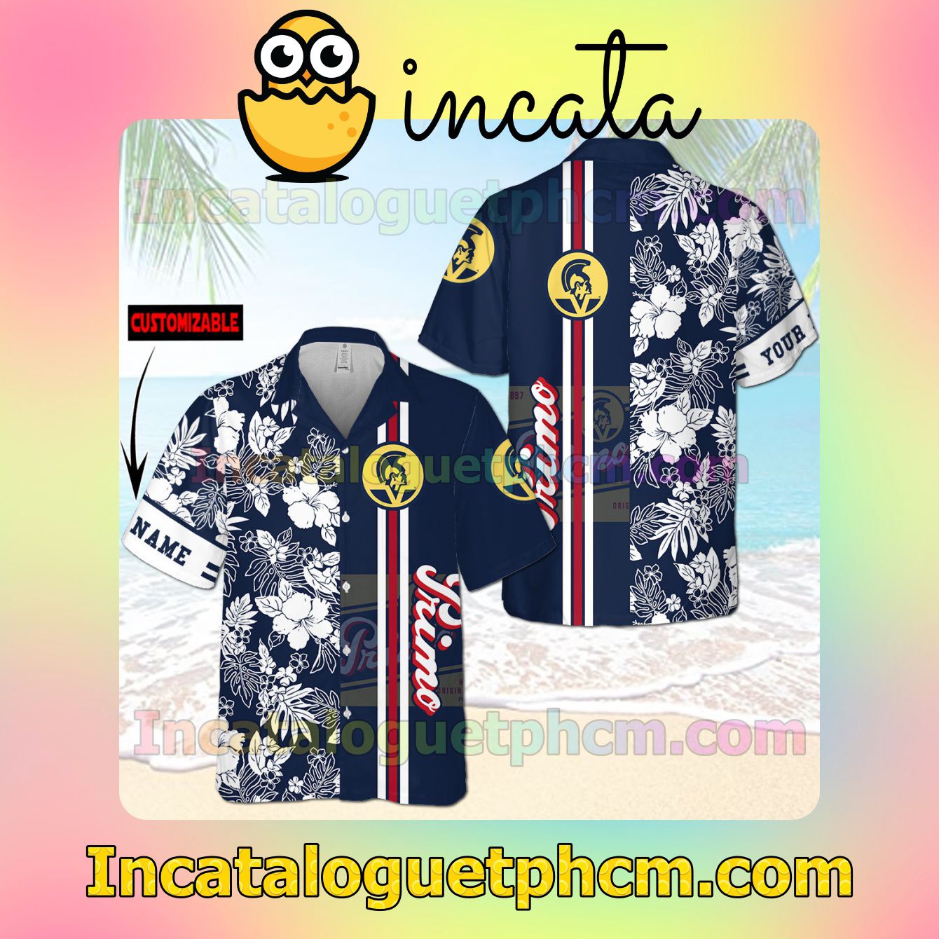 Personalized Primo Flowery Navy Button Shirt And Swim Trunk