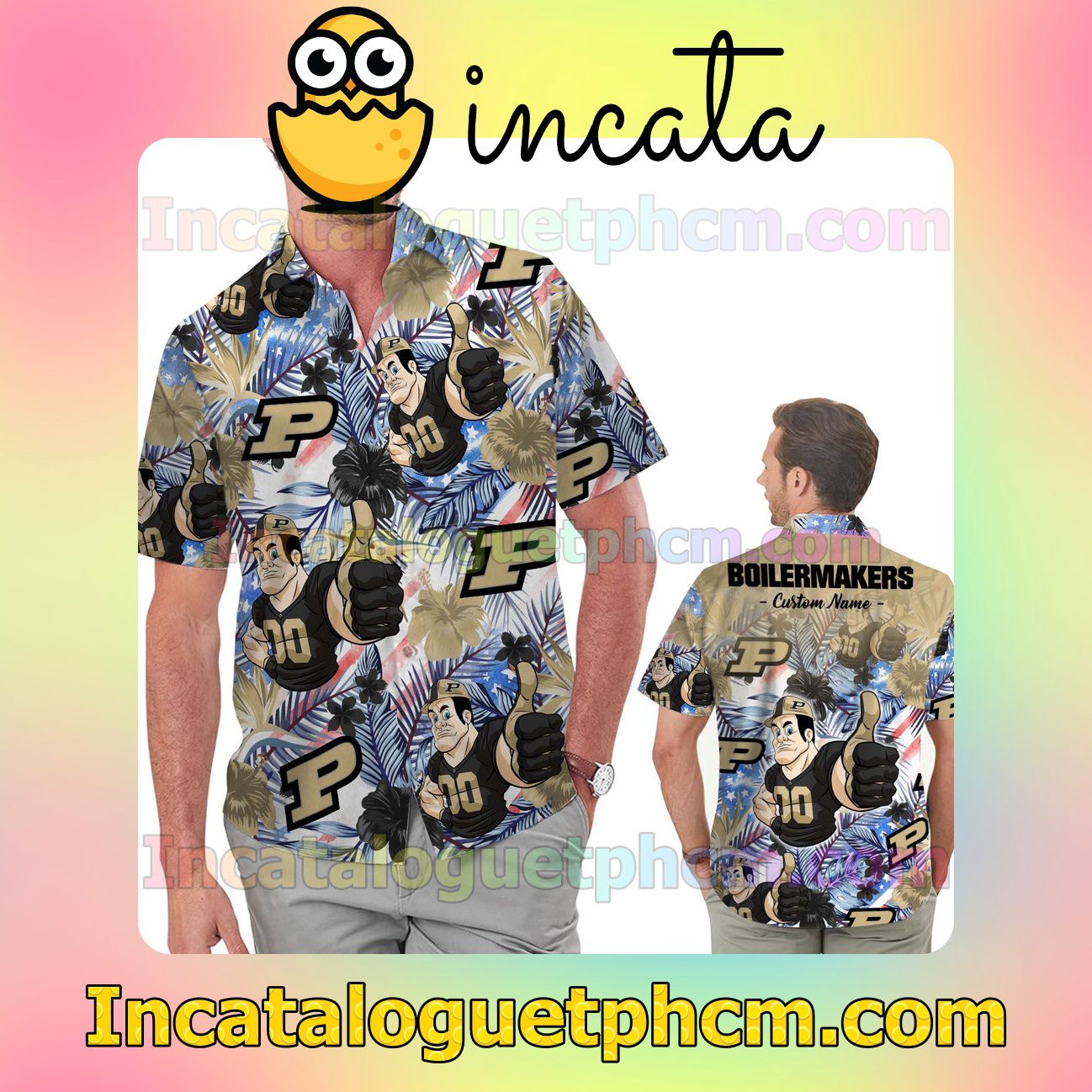 Personalized Purdue Boilermakers Tropical Floral America Flag For NCAA Football Lovers Purdue University Beach Vacation Shirt, Swim Shorts