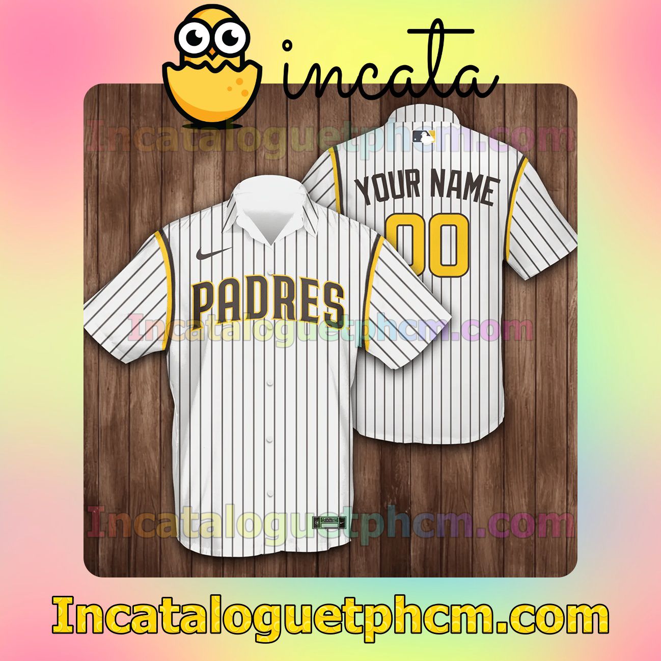 Personalized San Diego Padres Baseball Pinstripe Baseball White Button Shirt And Swim Trunk