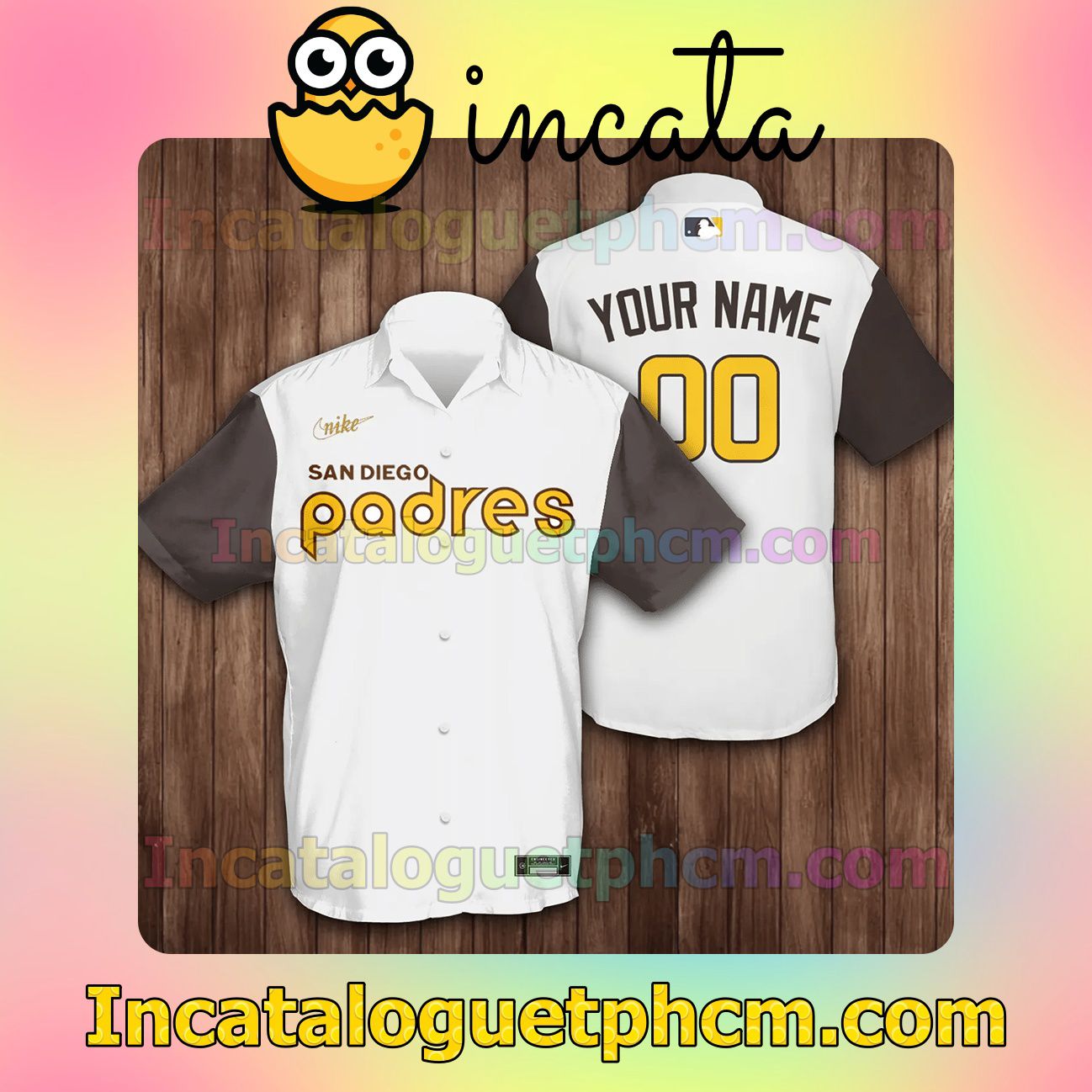 Personalized San Diego Padres Baseball White Brown Button Shirt And Swim Trunk