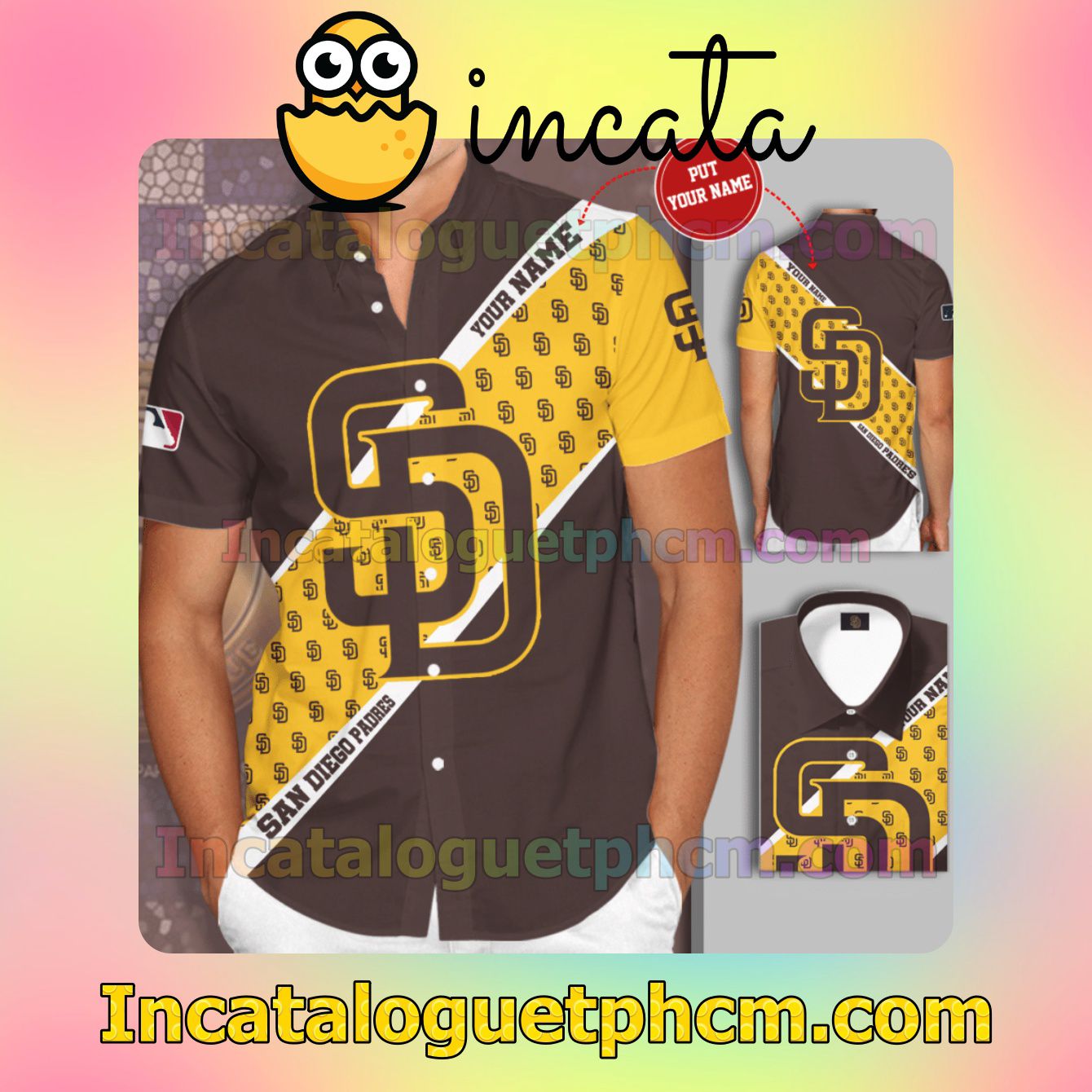 Personalized San Diego Padres Brown Yellow Button Shirt And Swim Trunk