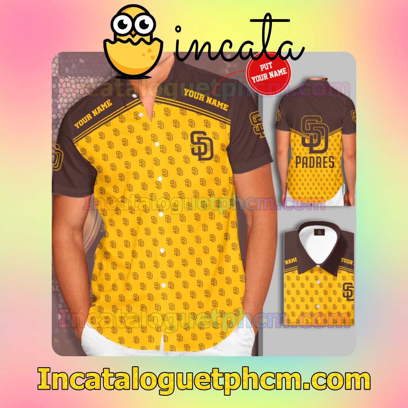 Personalized San Diego Padres Logo Yellow Brown Button Shirt And Swim Trunk