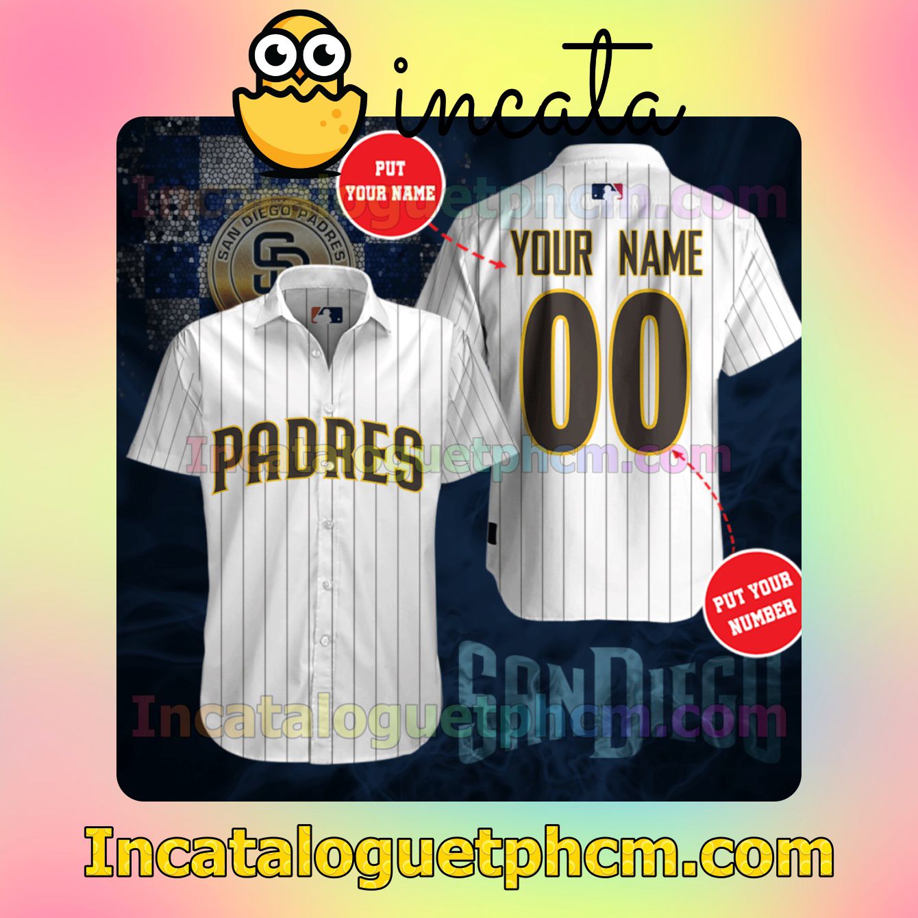 Personalized San Diego Padres Pinstripe White Button Shirt And Swim Trunk