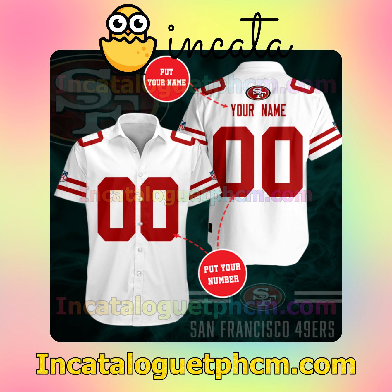 Personalized San Francisco 49Ers Footballl Team White Button Shirt And Swim Trunk