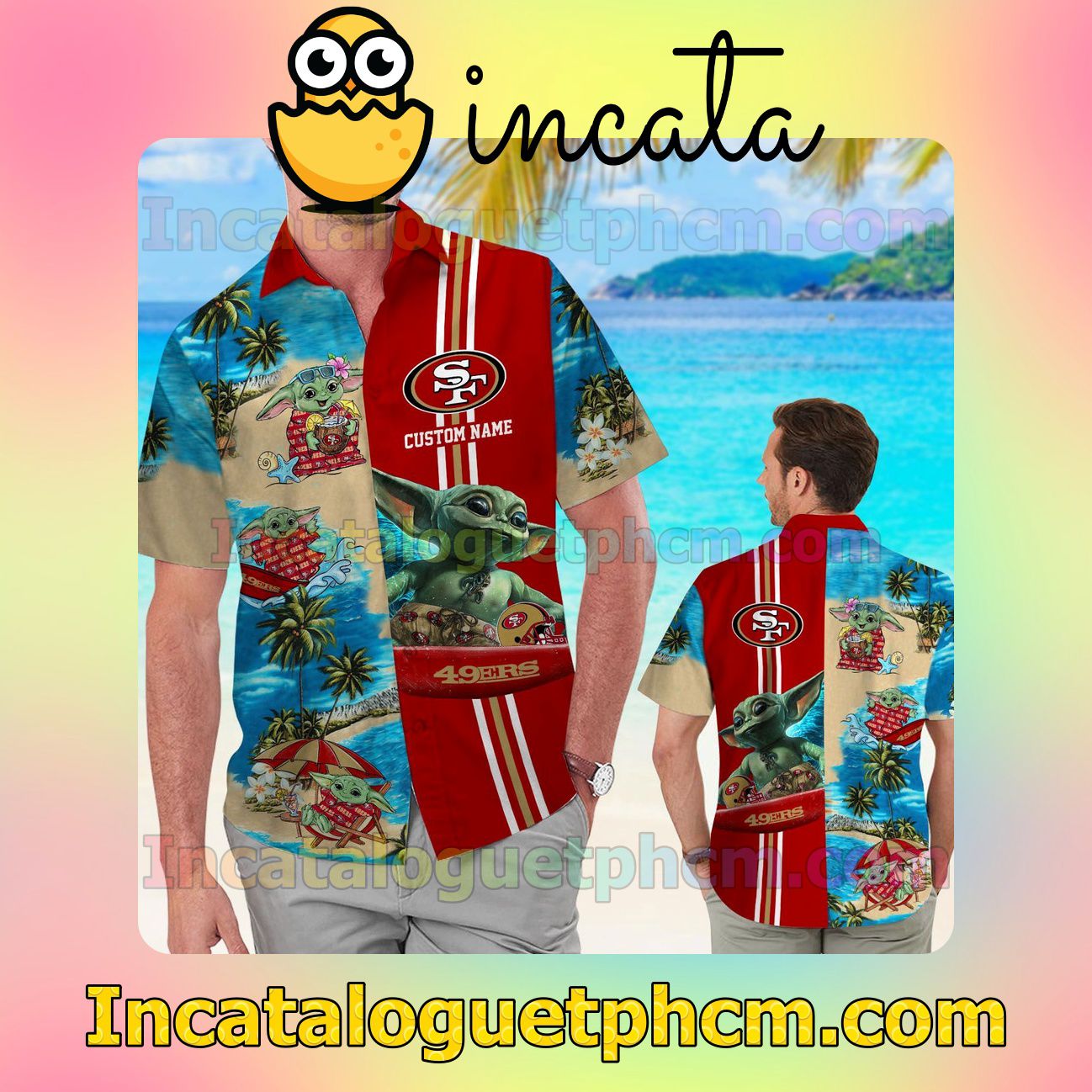 Personalized San Francisco 49ers Baby Yoda Beach Vacation Shirt, Swim Shorts