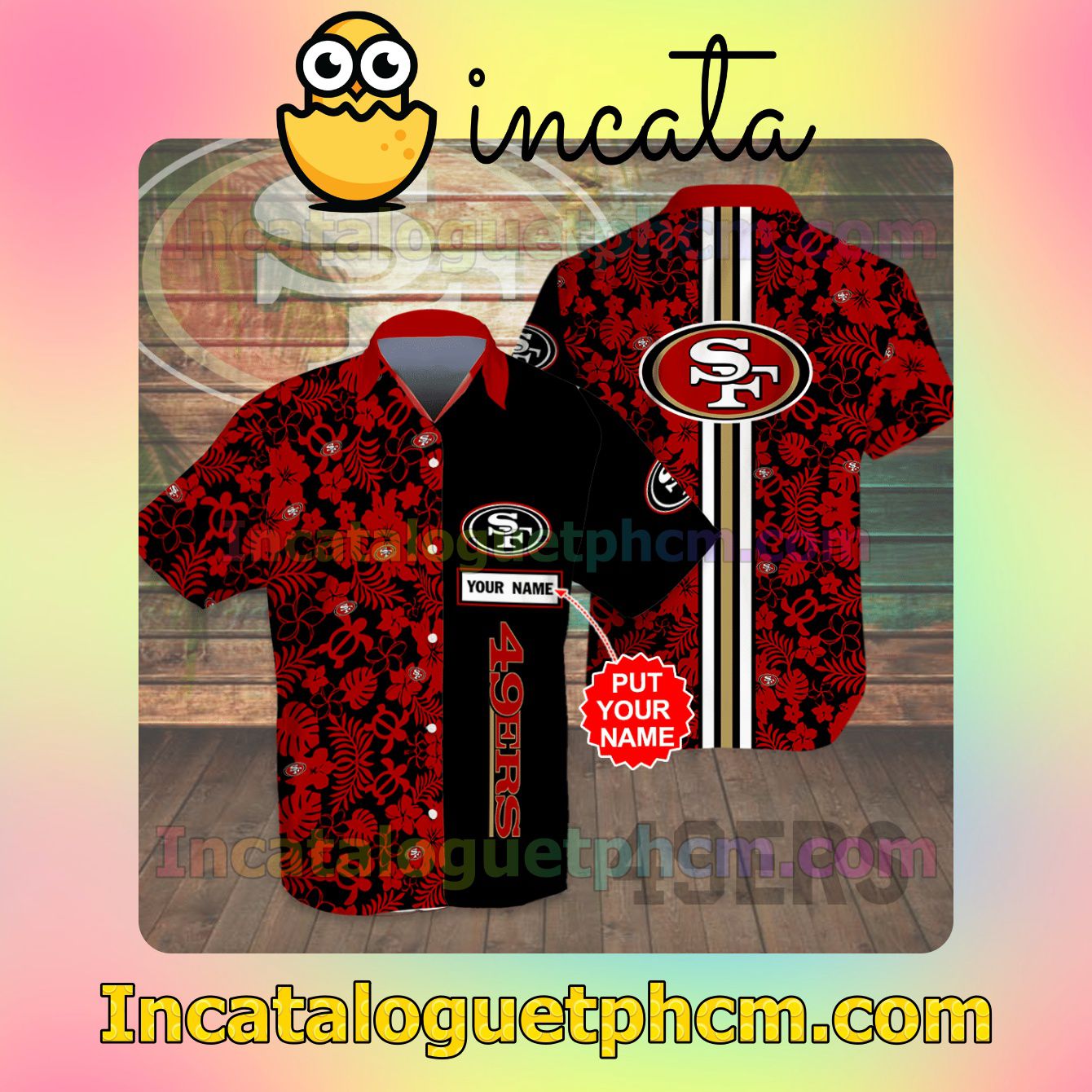 Personalized San Francisco 49ers Flowery Black Red Button Shirt And Swim Trunk