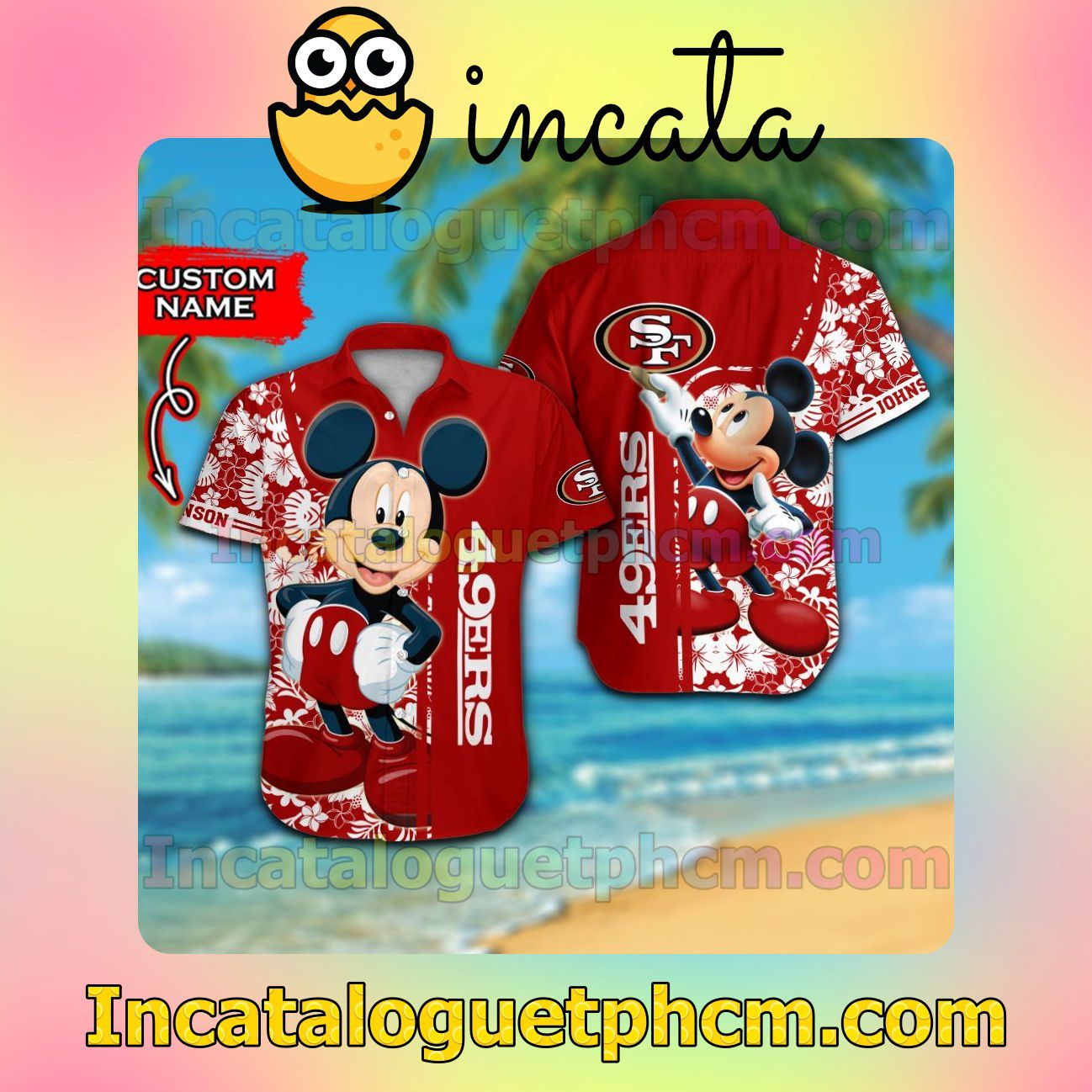 Personalized San Francisco 49ers & Mickey Mouse Beach Vacation Shirt, Swim Shorts