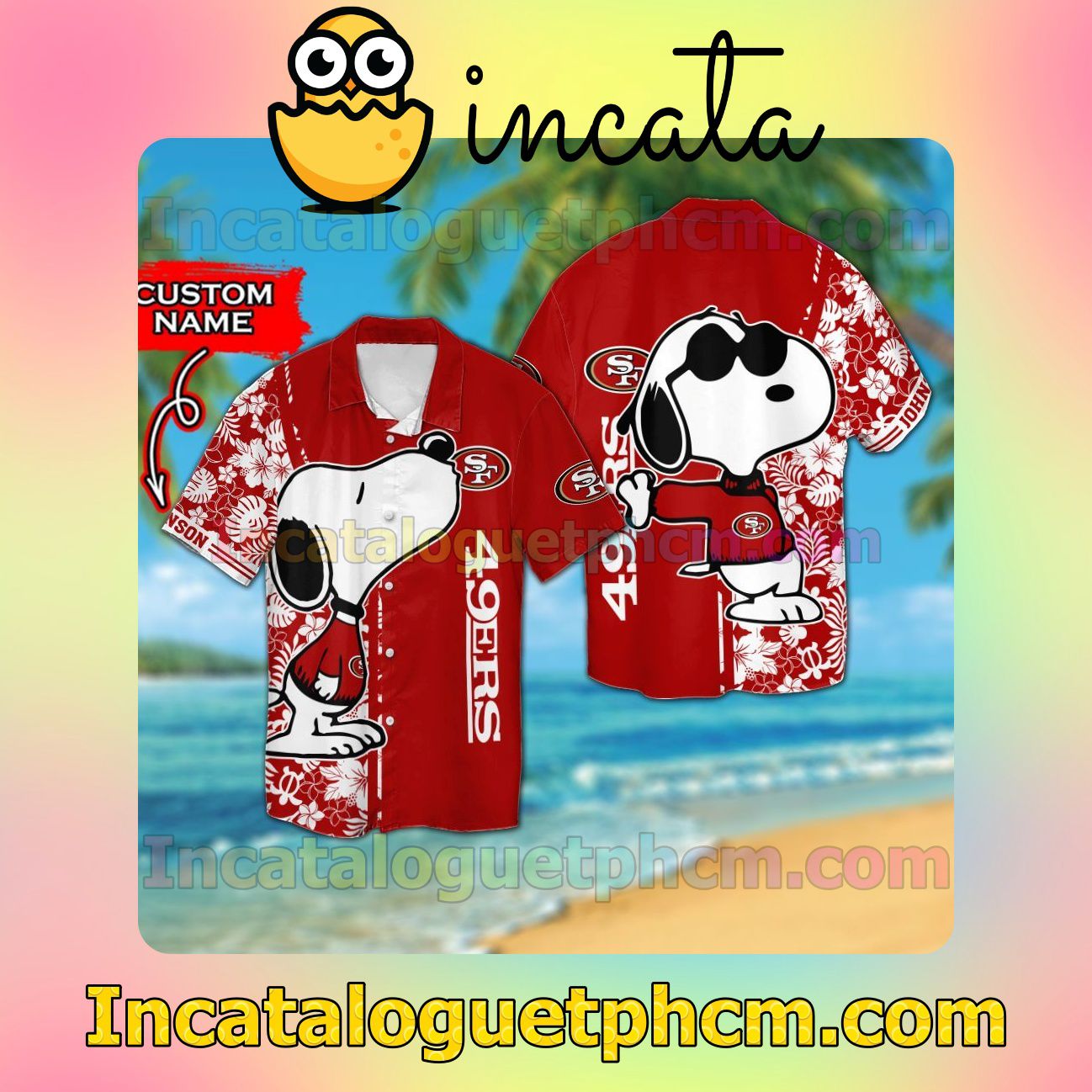 Personalized San Francisco 49ers & Snoopy Beach Vacation Shirt, Swim Shorts