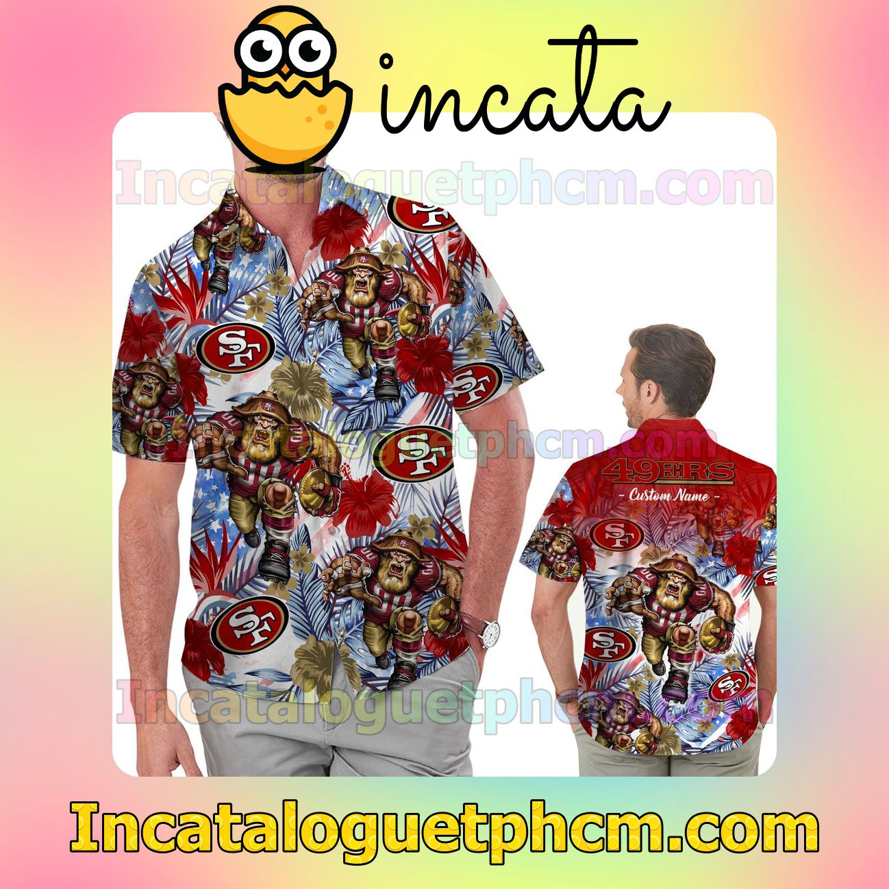 Personalized San Francisco 49ers Tropical Floral America Flag P49ersonalized Aloha Beach Vacation Shirt, Swim Shorts