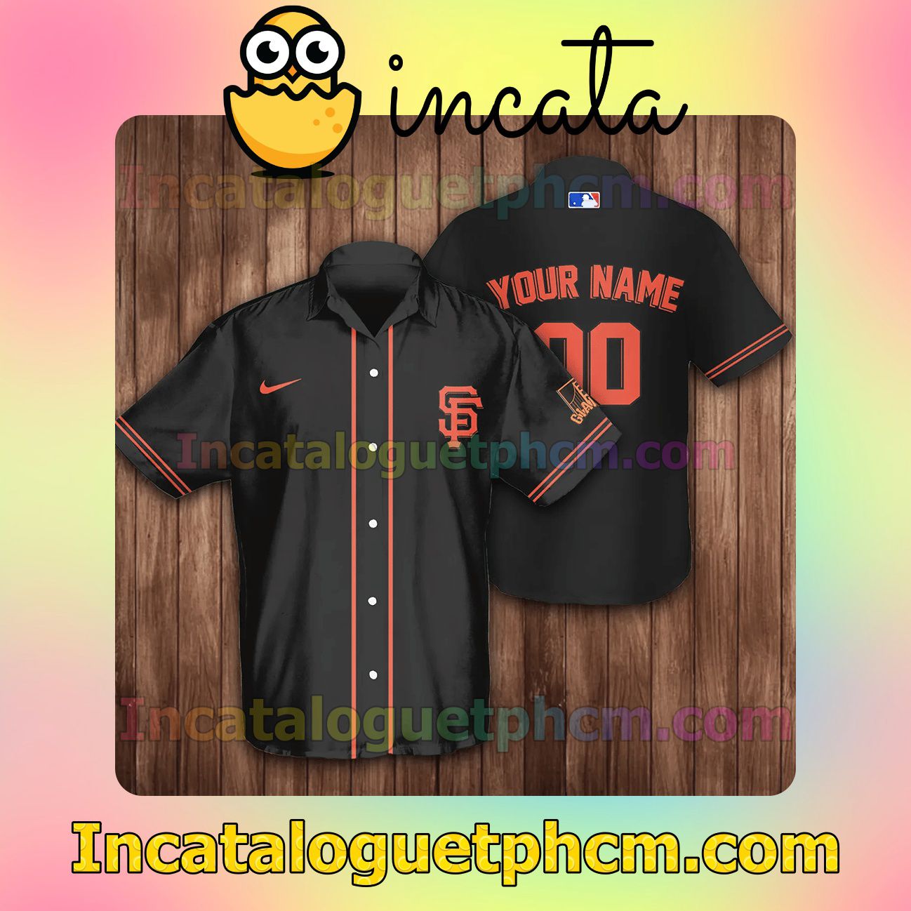 Personalized San Francisco Giants Baseball Black Button Shirt And Swim Trunk