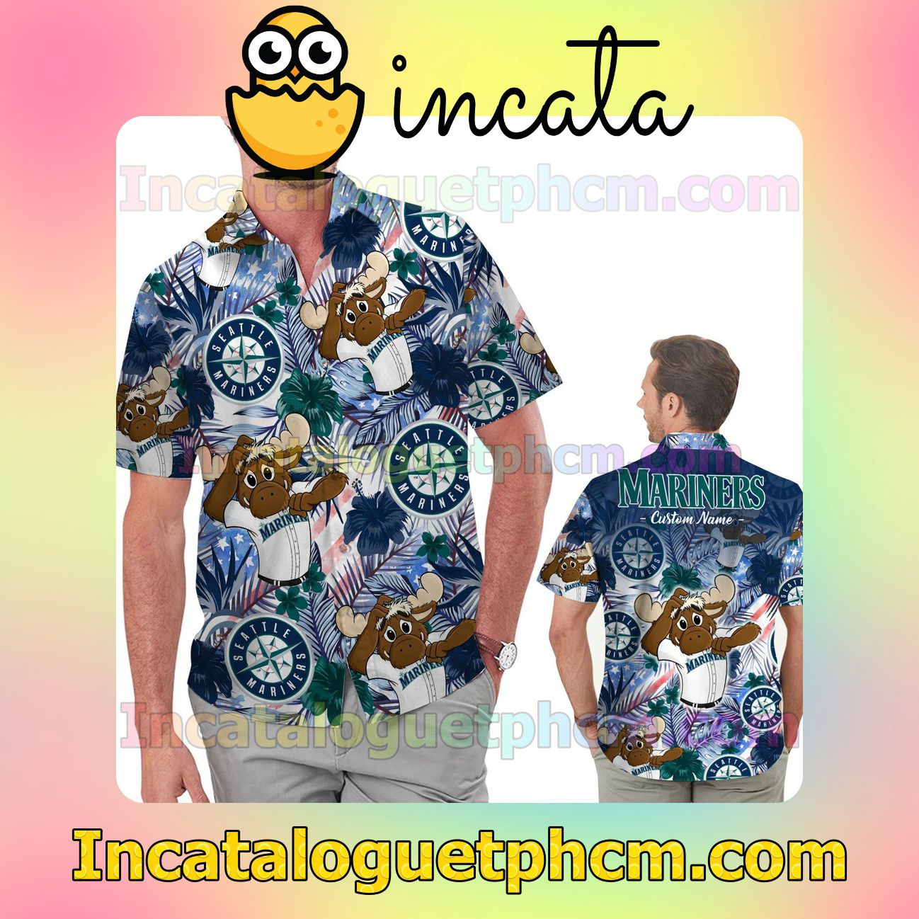 Personalized Seattle Mariners Tropical Floral America Flag For MLB Football Lovers Beach Vacation Shirt, Swim Shorts