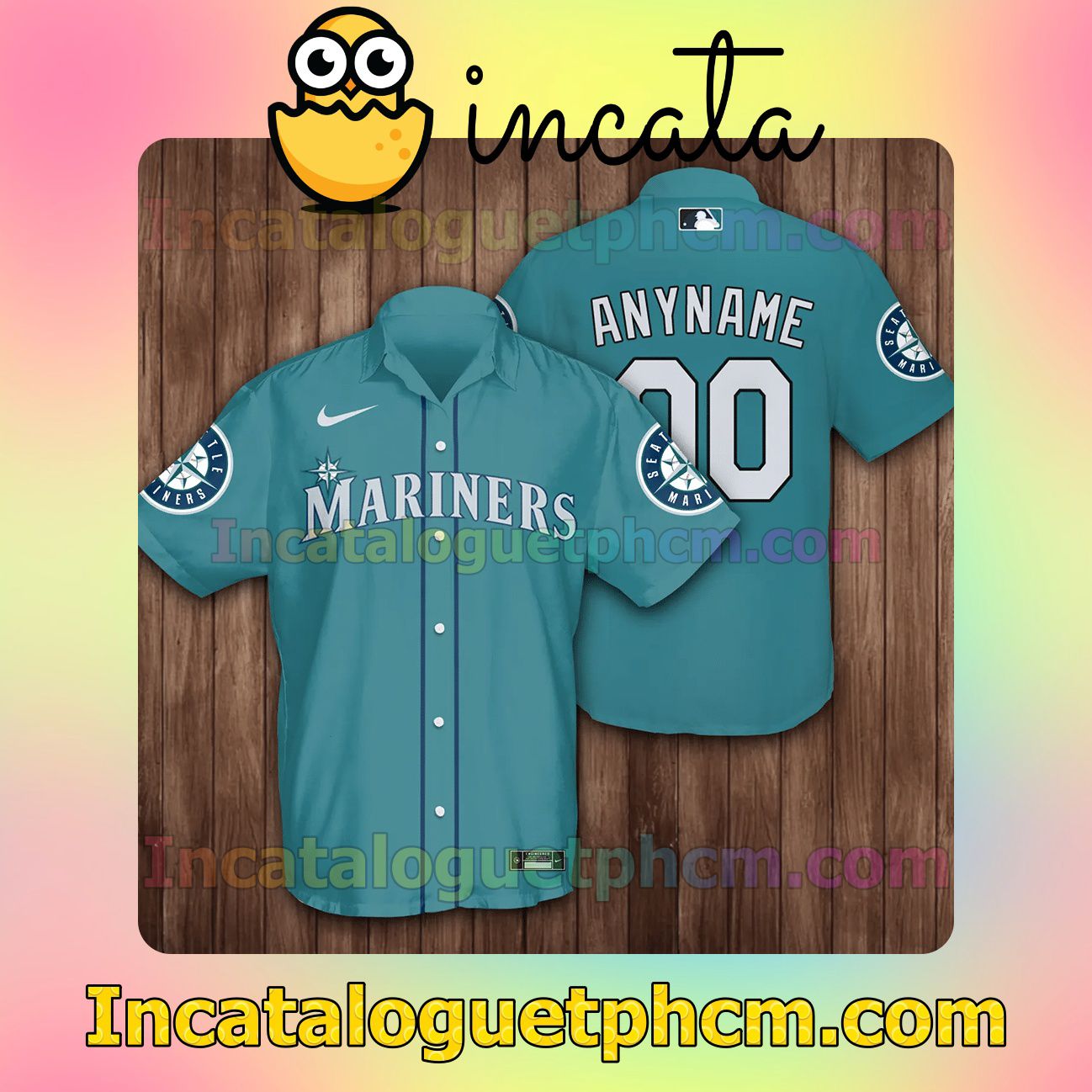 Personalized Seattle Mariners With Team Logo Dark Turquoise Button Shirt And Swim Trunk
