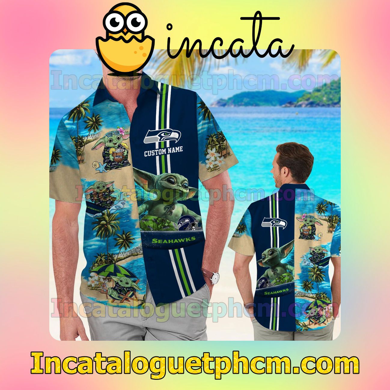 Personalized Seattle Seahawks Baby Yoda Beach Vacation Shirt, Swim Shorts