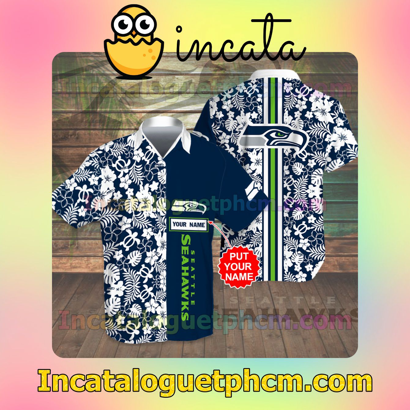 Personalized Seattle Seahawks Flowery Navy Button Shirt And Swim Trunk
