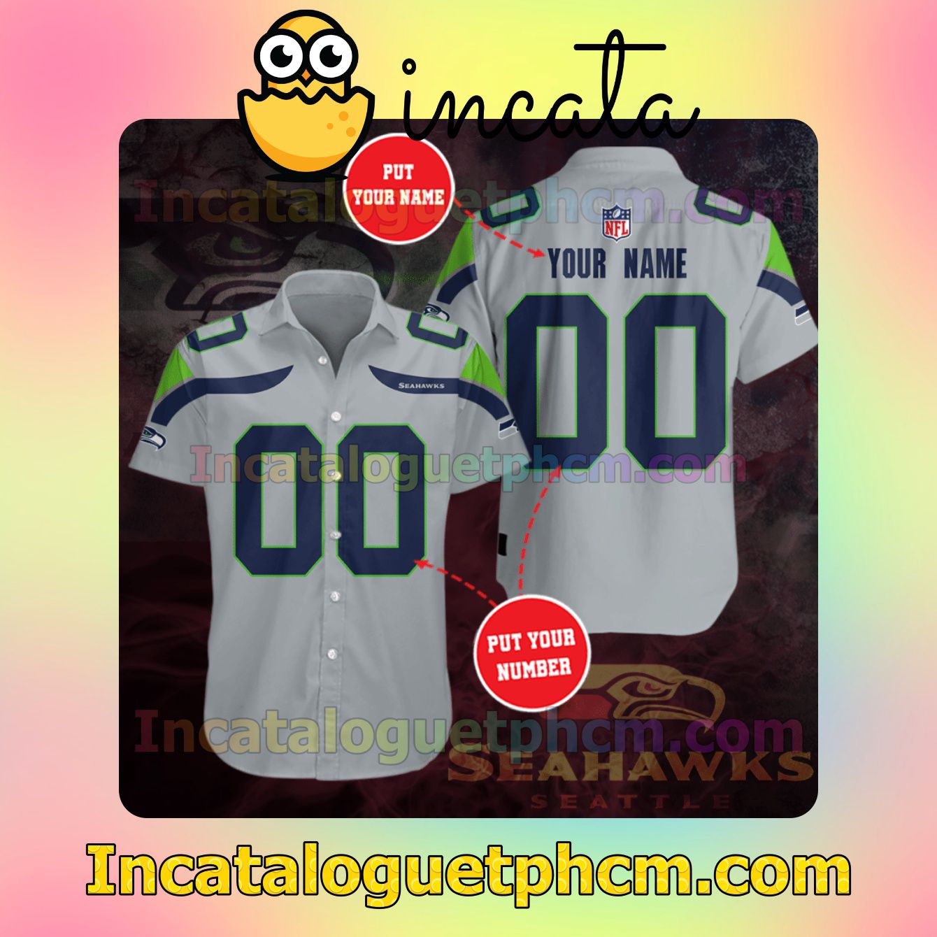 Personalized Seattle Seahawks Football Team Grey Button Shirt And Swim Trunk