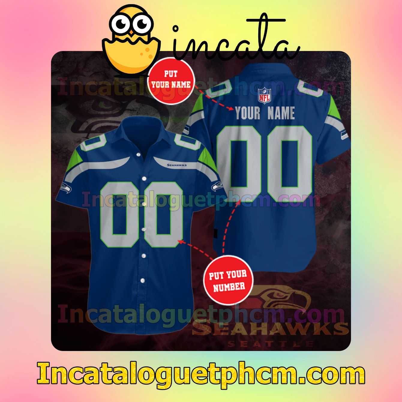 Personalized Seattle Seahawks Footballl Team Blue Button Shirt And Swim Trunk