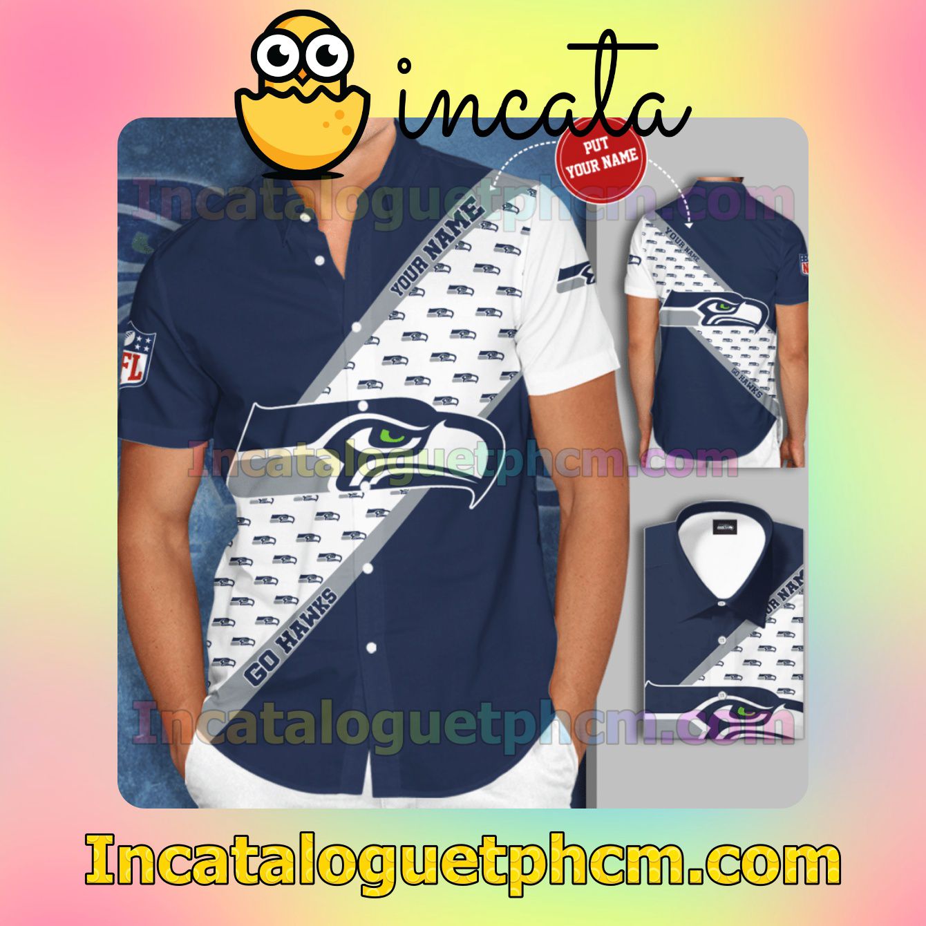 Personalized Seattle Seahawks Go Hawks Cobalt White Button Shirt And Swim Trunk