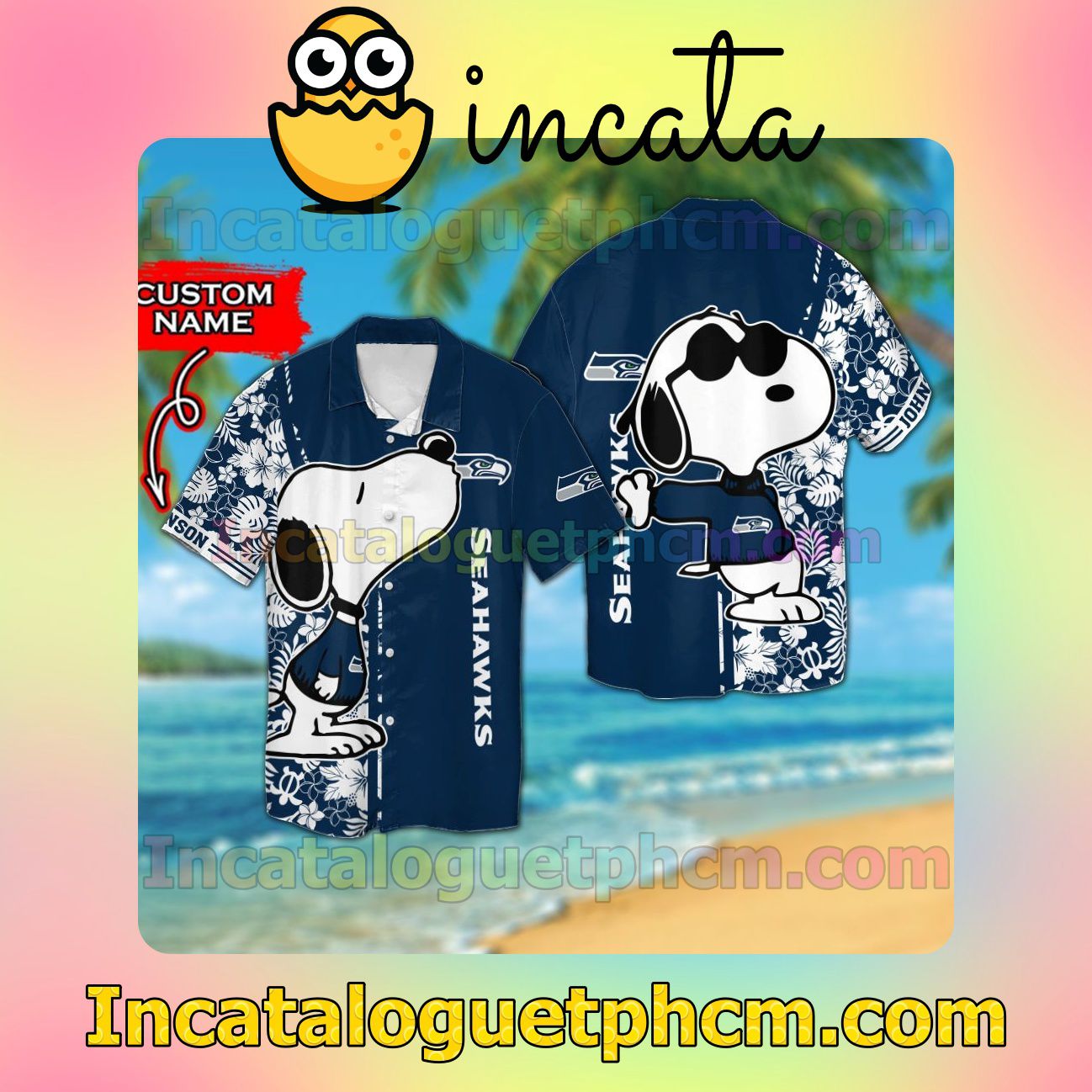 Personalized Seattle Seahawks & Snoopy Beach Vacation Shirt, Swim Shorts