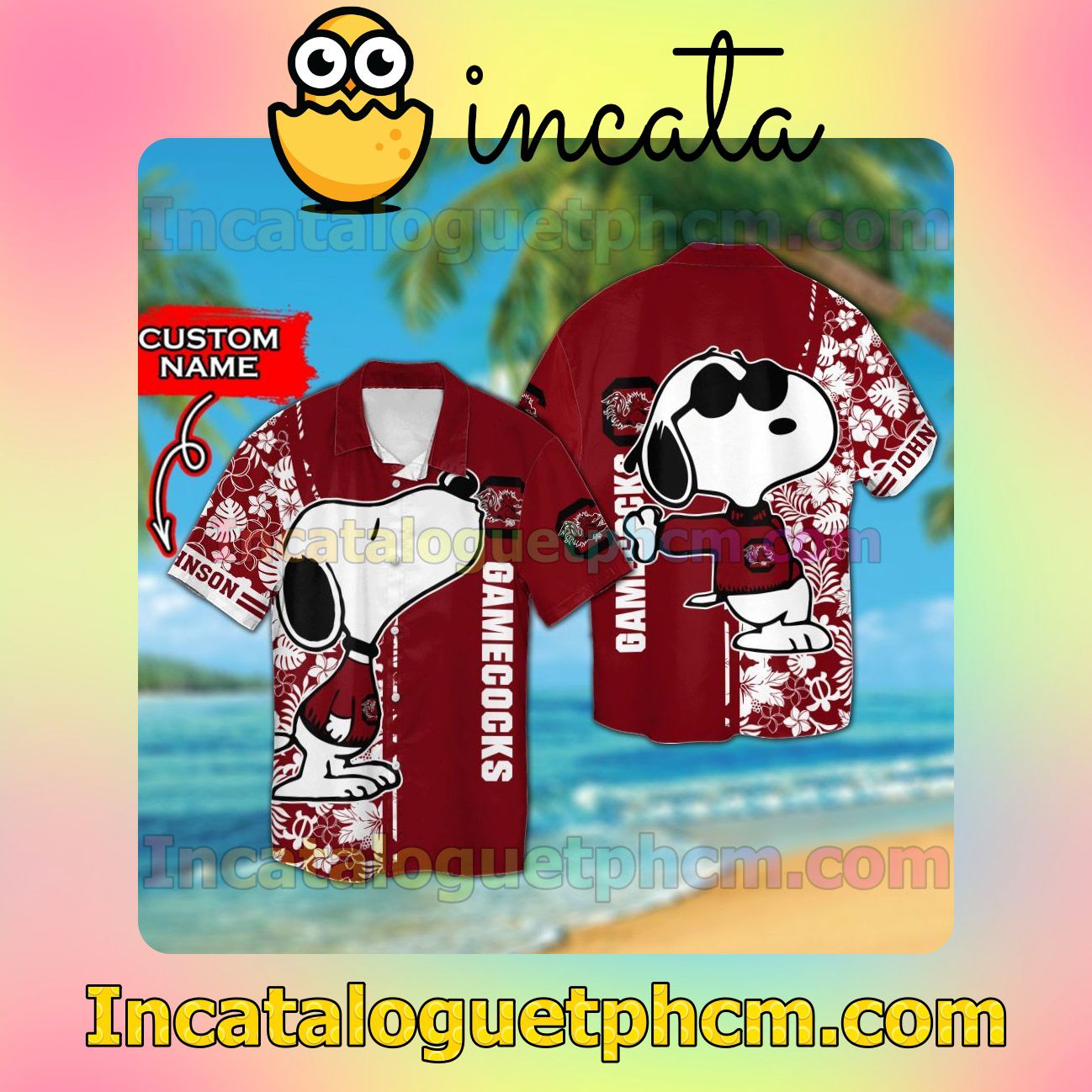 Personalized South Carolina Gamecocks & Snoopy Beach Vacation Shirt, Swim Shorts