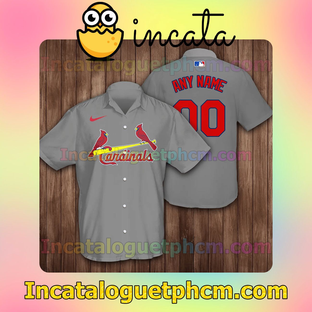 Personalized St. Louis Cardinals Baseball Grey Button Shirt And Swim Trunk