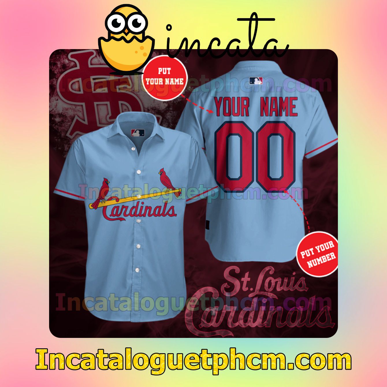Personalized St. Louis Cardinals Light Blue Button Shirt And Swim Trunk
