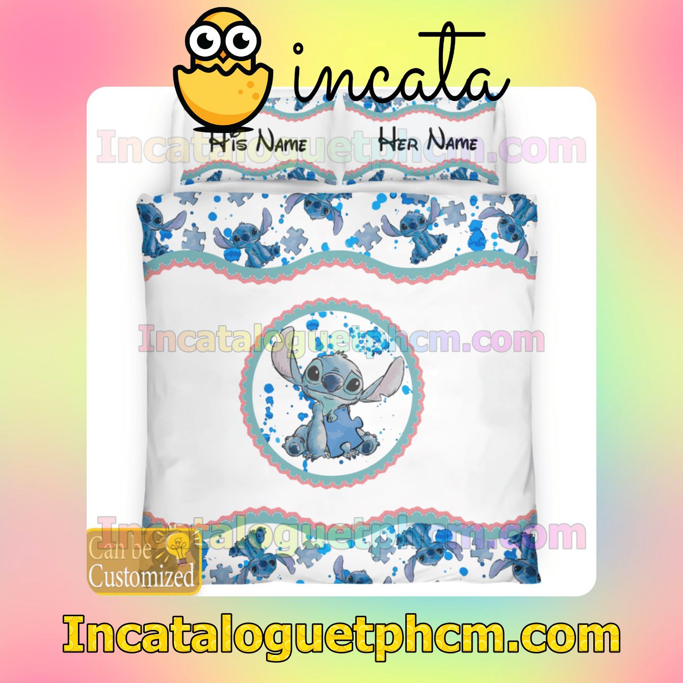 Personalized Stitch Autism Awareness Blue White Bed Covers Bedroom Set