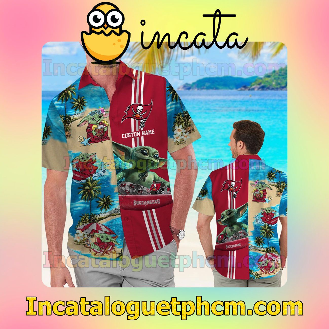 Personalized Tampa Bay Buccaneers Baby Yoda Beach Vacation Shirt, Swim Shorts
